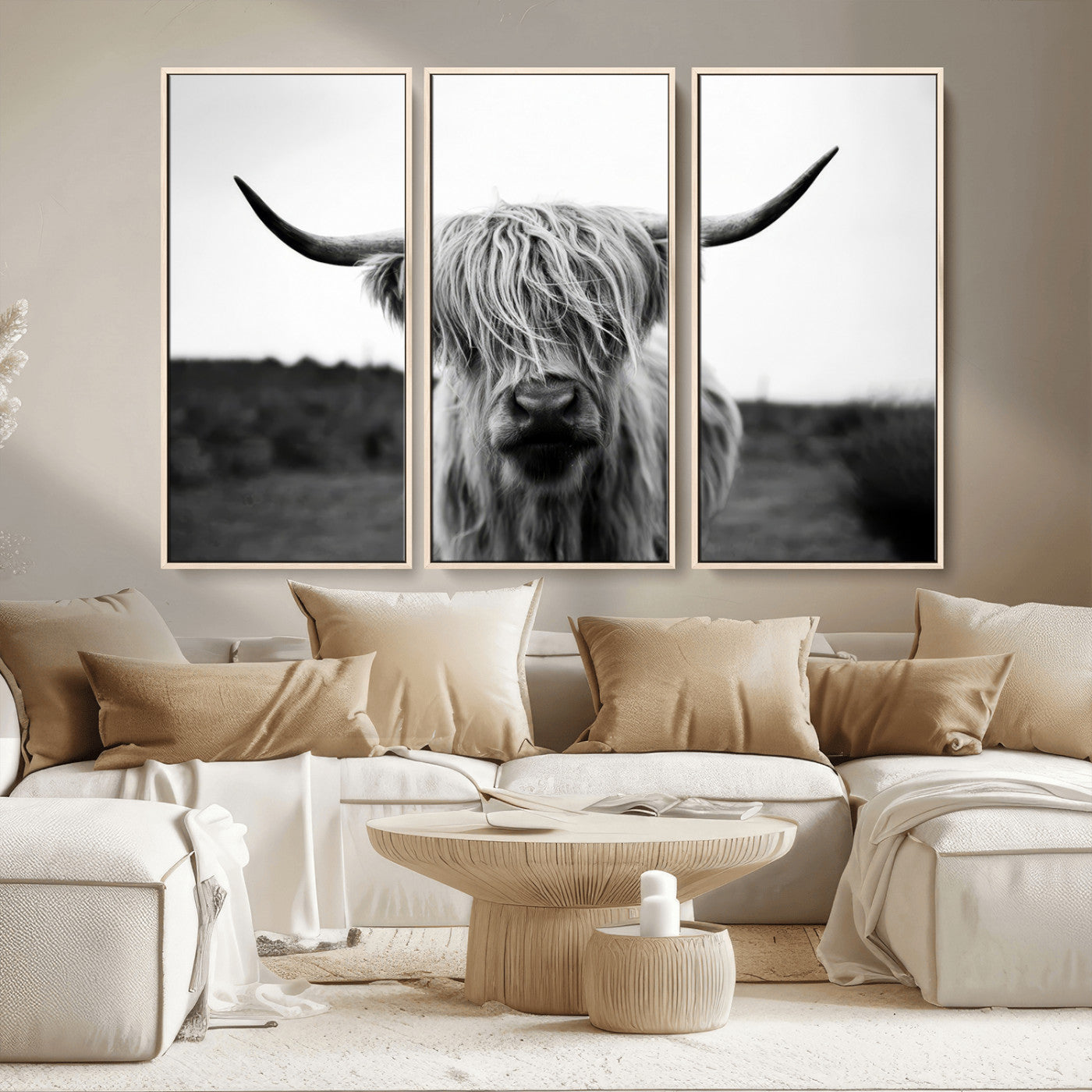 MGV-FC-48X32-3P - Highland Cow Wall Art | Black and White Farmhouse Decor | Triptych Canvas Print | Rustic Barn Decor
