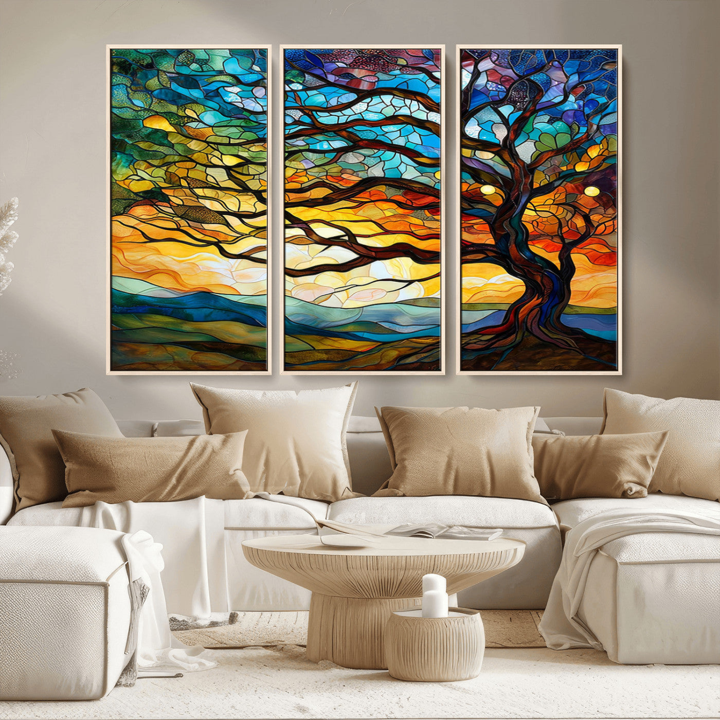 MGV-FC-48X32-3P - Vibrant Mosaic Tree of Life Wall Art | Stained Glass Style Canvas Print | Ready to Hang Artistic