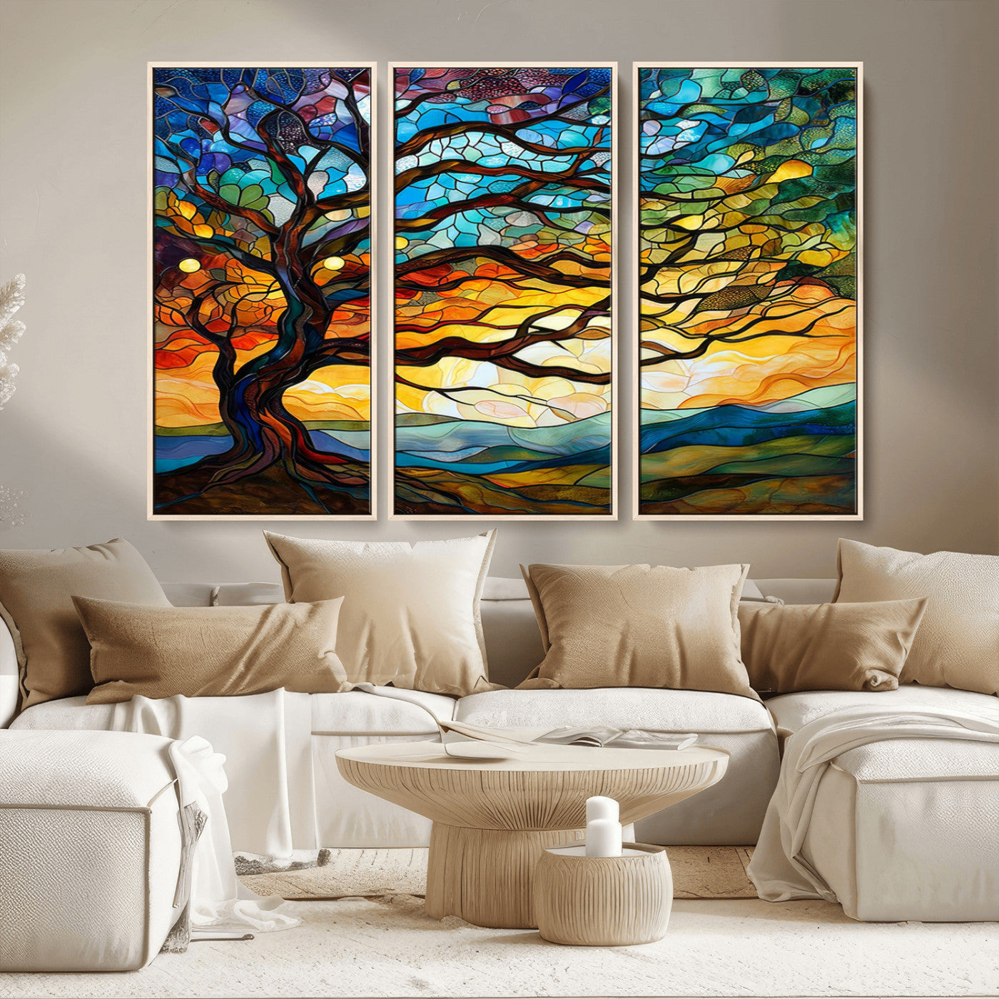 MGV-FC-48X32-3P - Mosaic Tree Wall Art | Ready to Hang Stained Glass Style Canvas Print | Farmhouse Wall Decor, Cabin