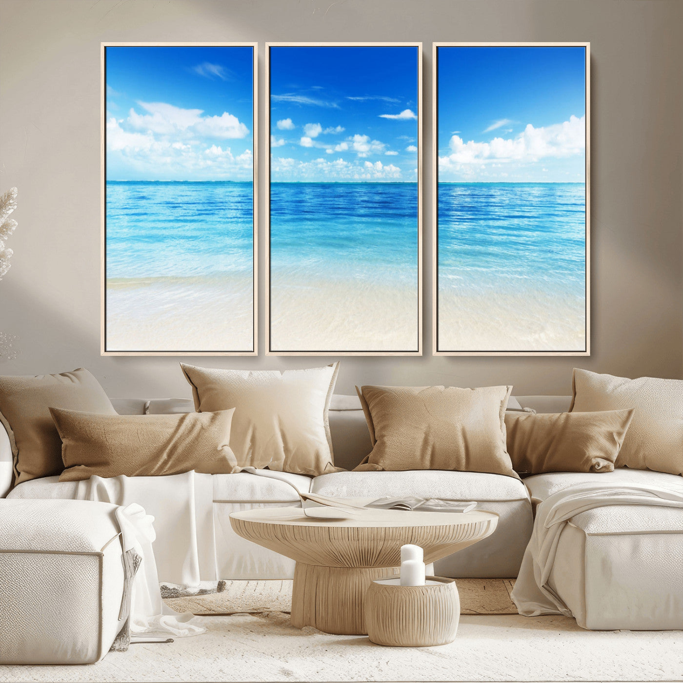 MGV-FC-48X32-3P - Beach Scene Canvas Wall Art Print – Tranquil Ocean Horizon and White Sand Beach Wall Decor for Home