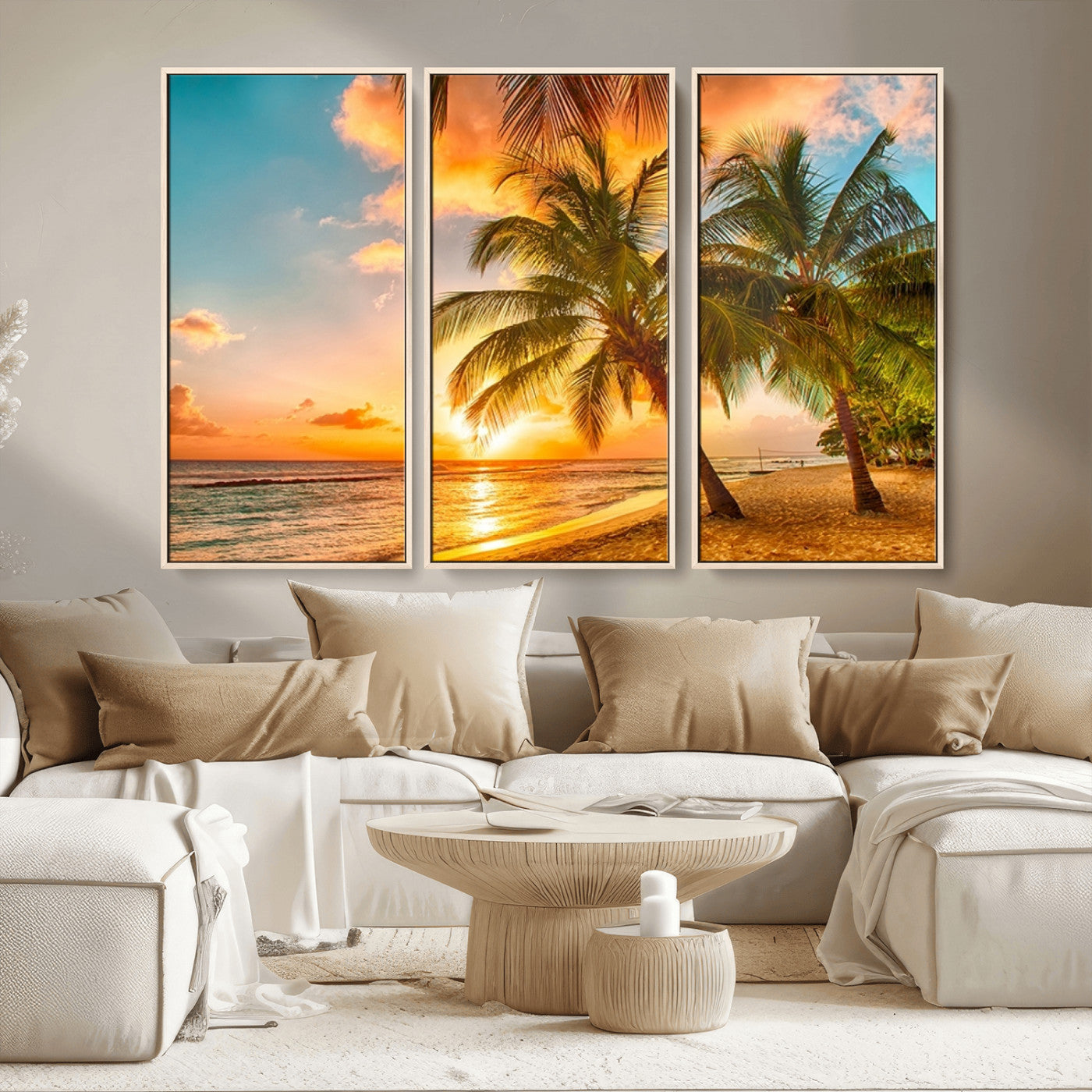 MGV-FC-48X32-3P - Tropical Sunset Beach Canvas Wall Art Print – Vibrant Palm Trees and Coastal Sunset Wall Decor for