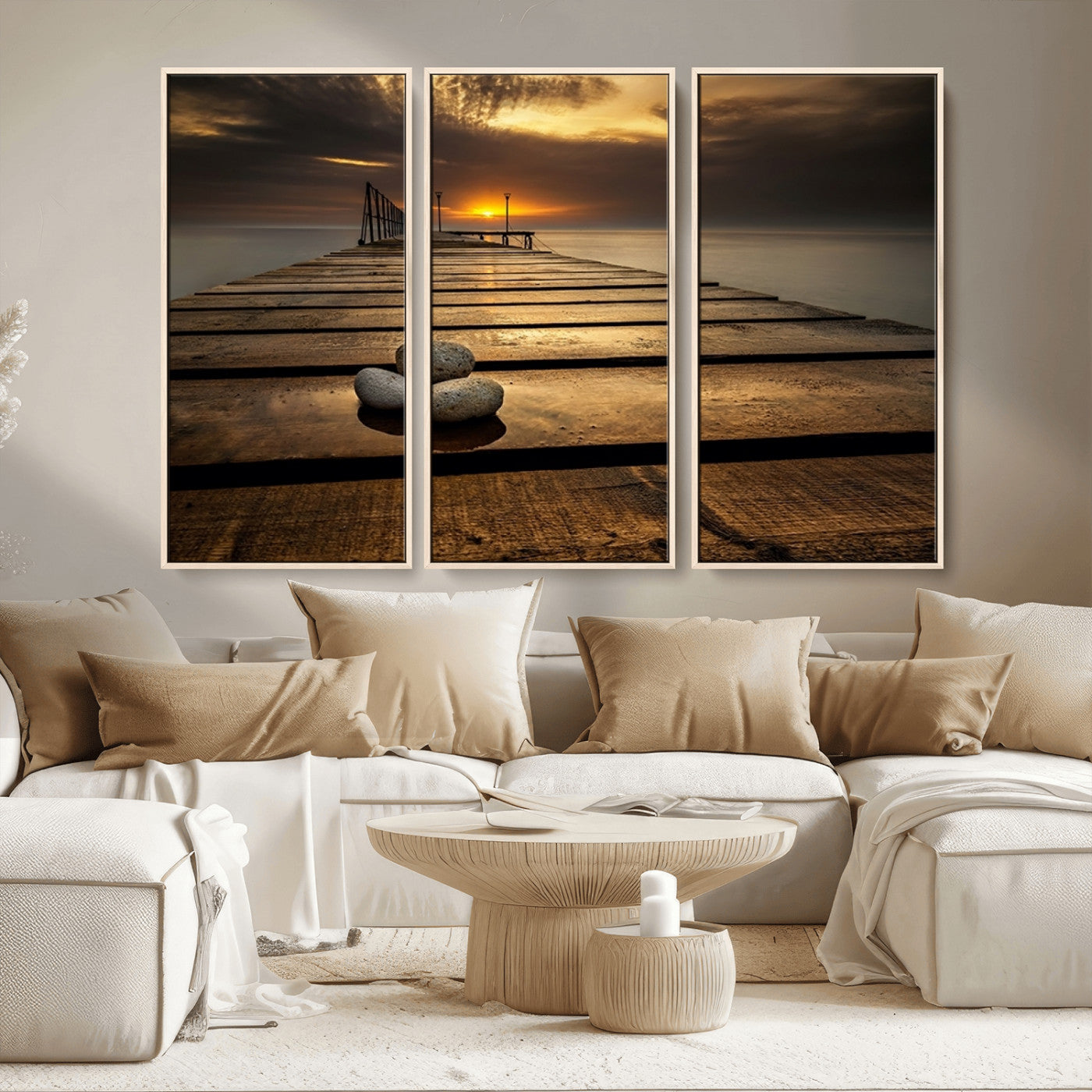 MGV-FC-48X32-3P - Stones on Wooden Pier at Sunset Canvas Print, Serene Coastal Wall Art, Beach Sunset Photography,