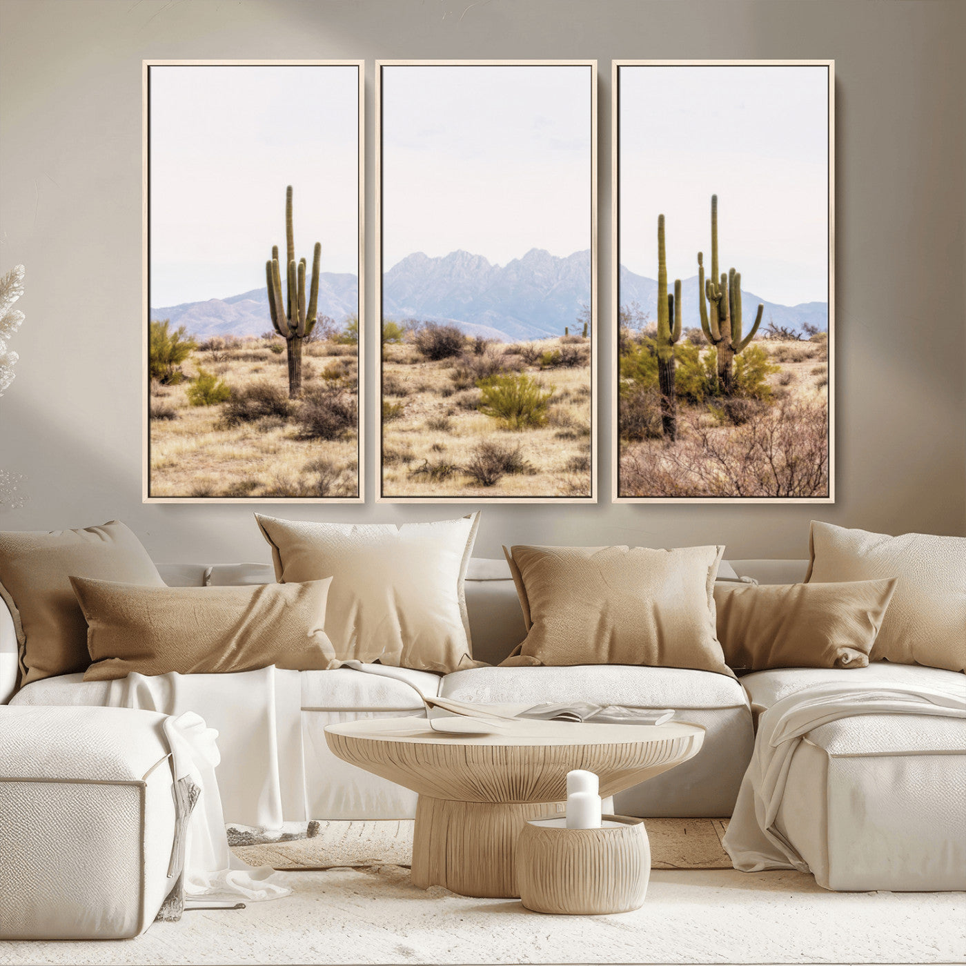 -Desert Cactus Canvas Wall Art – Serene Southwestern Arizona Landscape with Majestic Mountains -