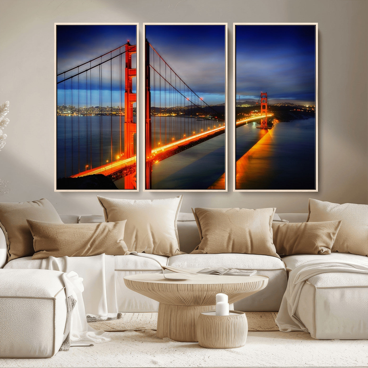 MGV-FC-48X32-3P - Large Wall Art San Francisco Canvas Print - Wonderful Golden Gate Bridge at Twilight