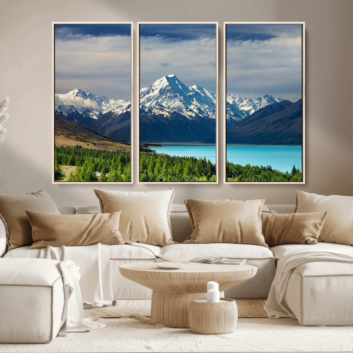 MGV-FC-48X32-3P - Mount Cook and Lake Pukaki Canvas Wall Art Print – Majestic Snow-Capped Peaks and Serene Lake Wall