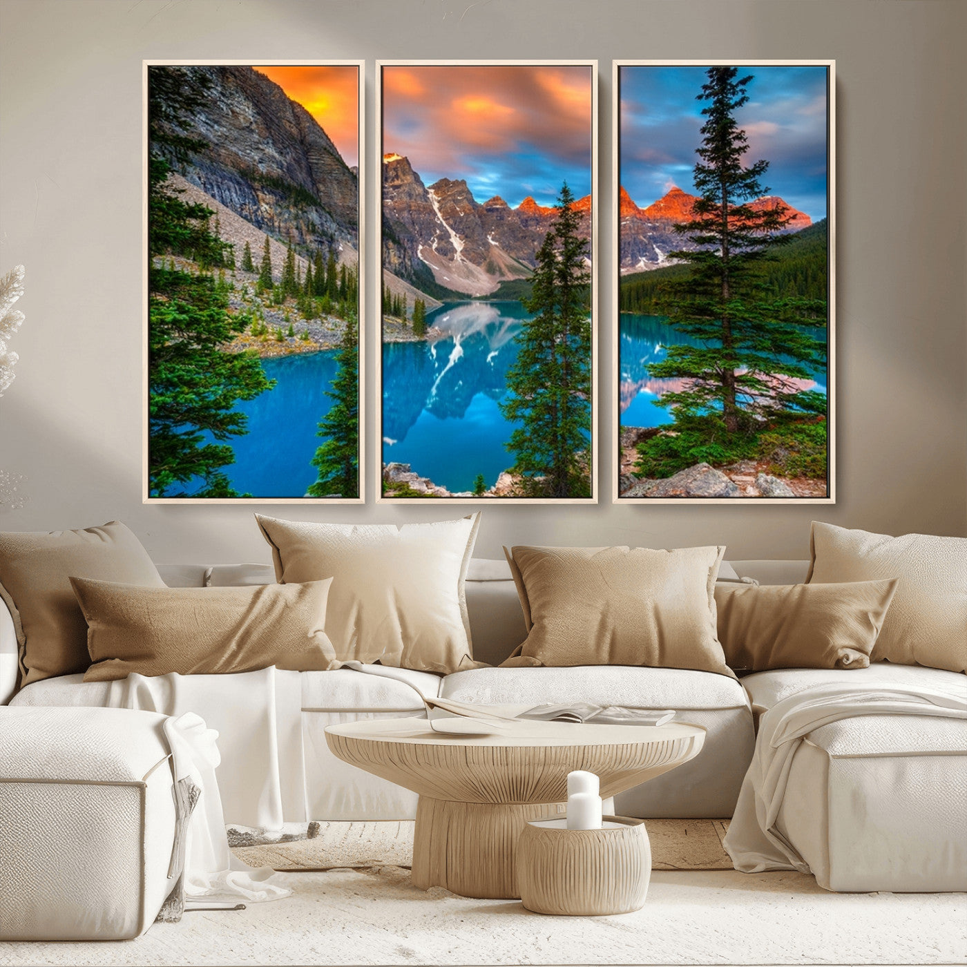 MGV-FC-48X32-3P - Canadian Rockies Moraine Lake Wall Art Canvas Print, Pine Trees Mountain Spring Canvas Print