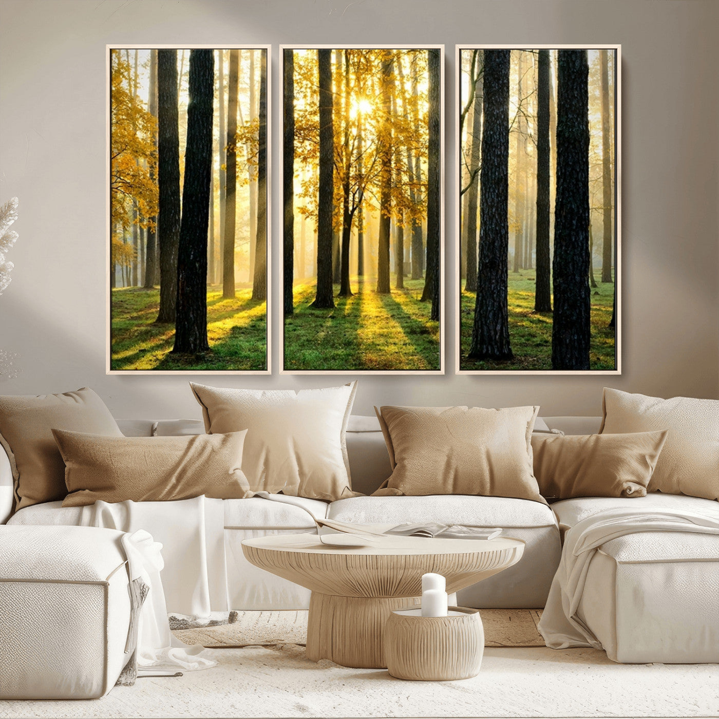 MGV-FC-48X32-3P - Sunlit Forest Canvas Wall Art – Serene Woodland Triptych Landscape Print – Nature-Inspired Decor for