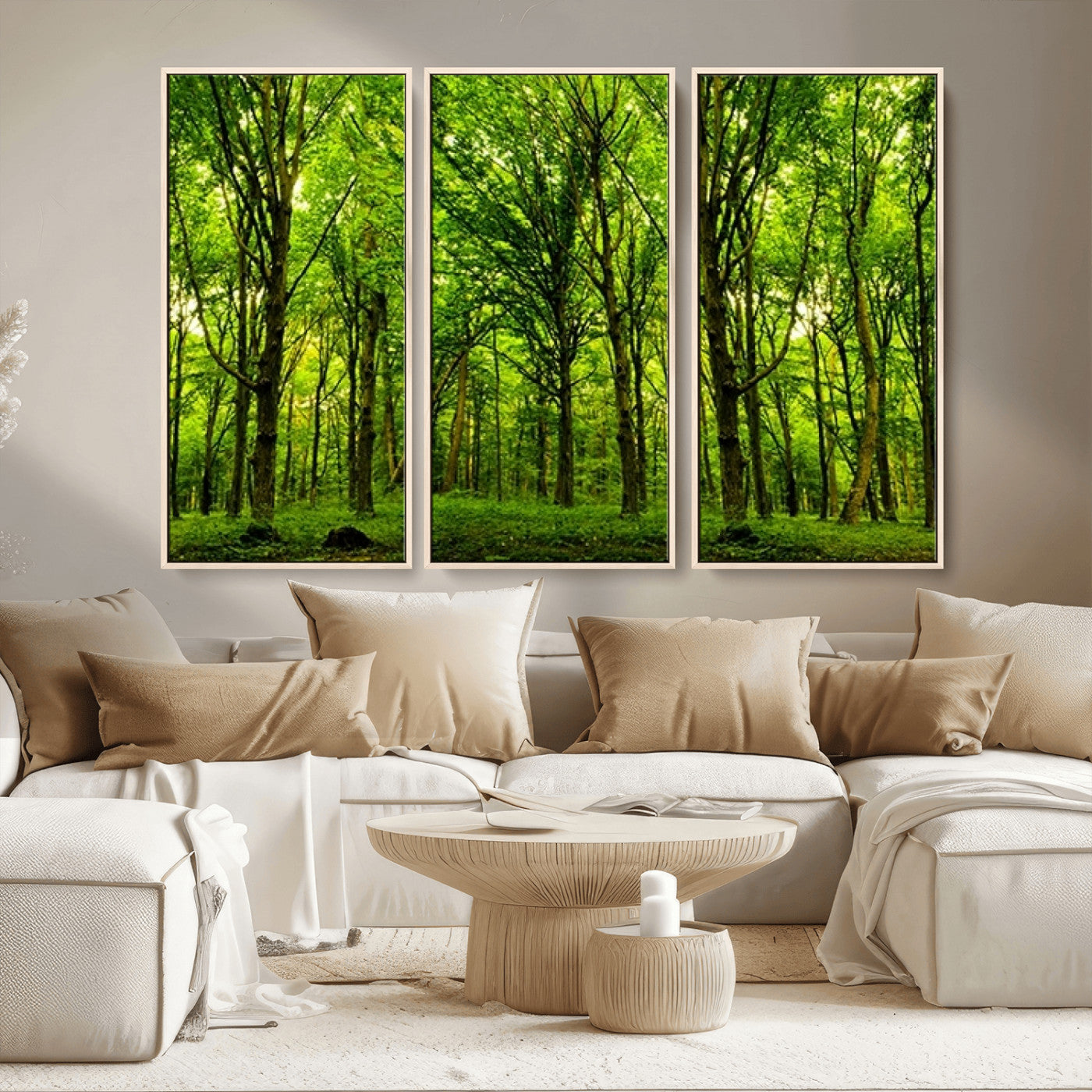 MGV-FC-48X32-3P - Lush Green Forest Canvas Print | 3-Panel Forest Wall Art | Nature Landscape for Living Room