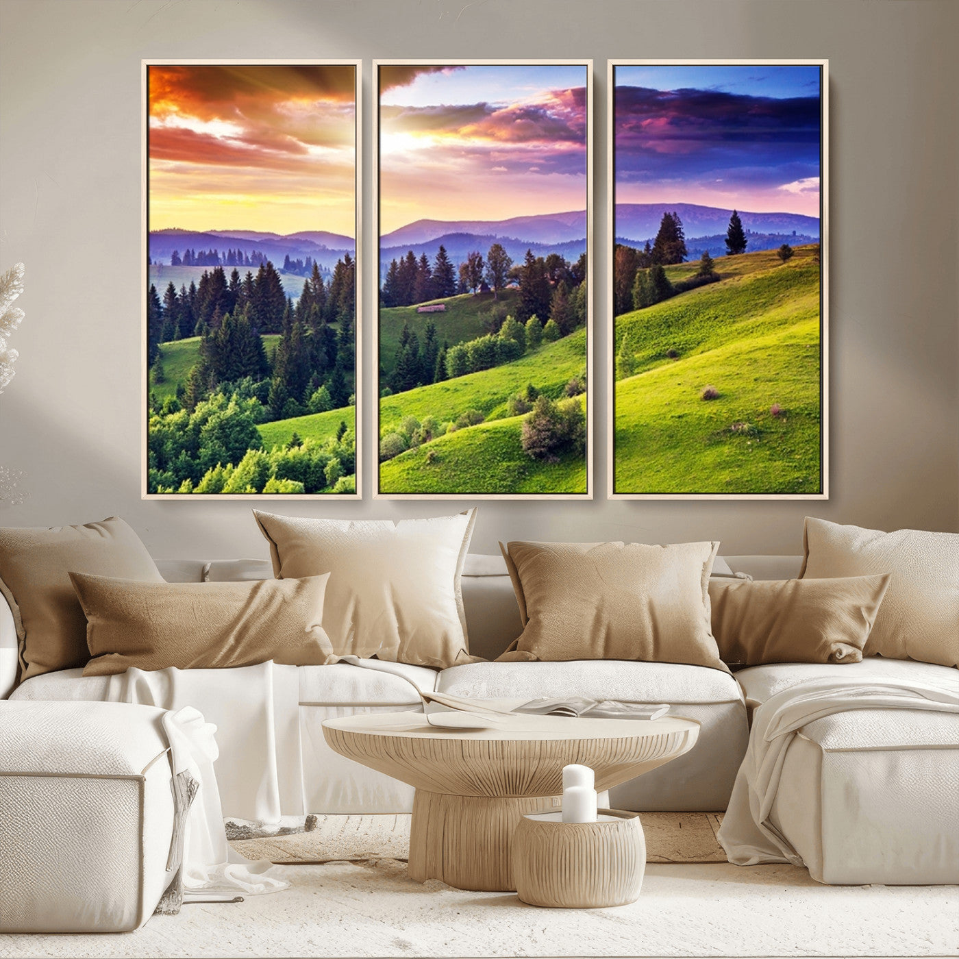 MGV-FC-48X32-3P - Green Hills and Sunset Wall Art Print - Scenic Landscape with Lush Greenery and Vibrant Sky, Ready