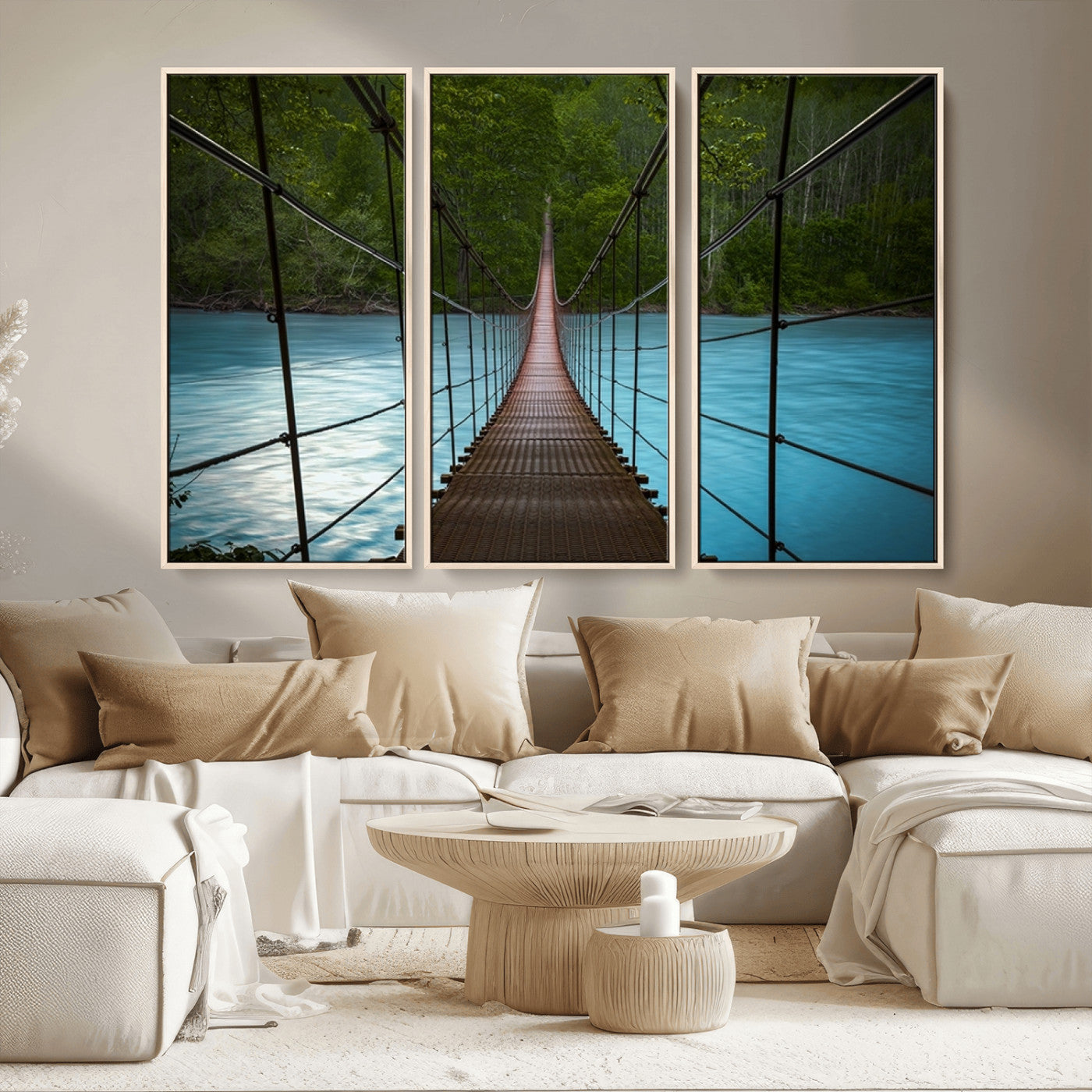 MGV-FC-48X32-3P - Suspension Bridge Over River Canvas Art | 3-Panel Nature Photography | Scenic Wall Art for Living