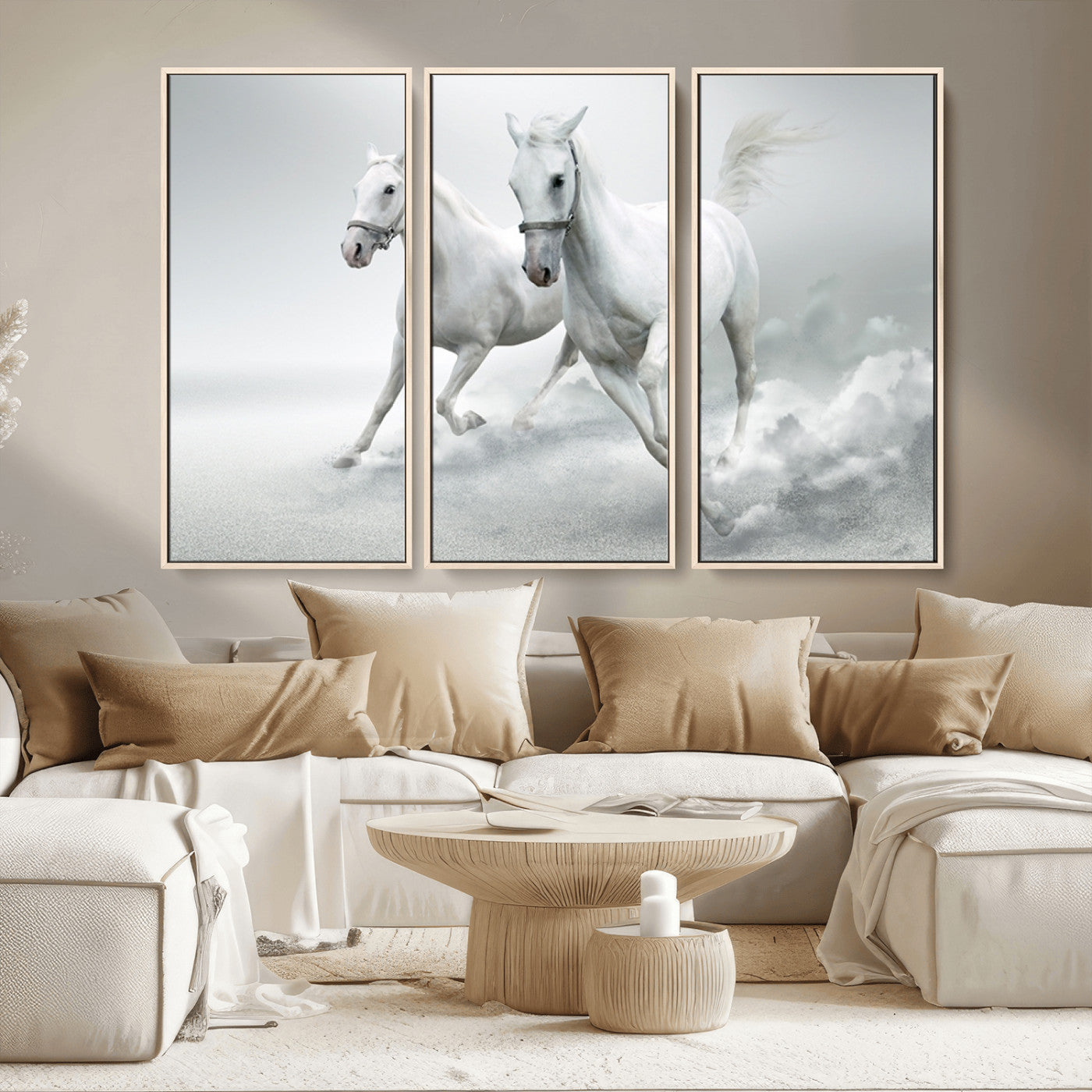 MGV-FC-48X32-3P - Large Wall Art Animal Canvas Print - Beautiful Running White Horses