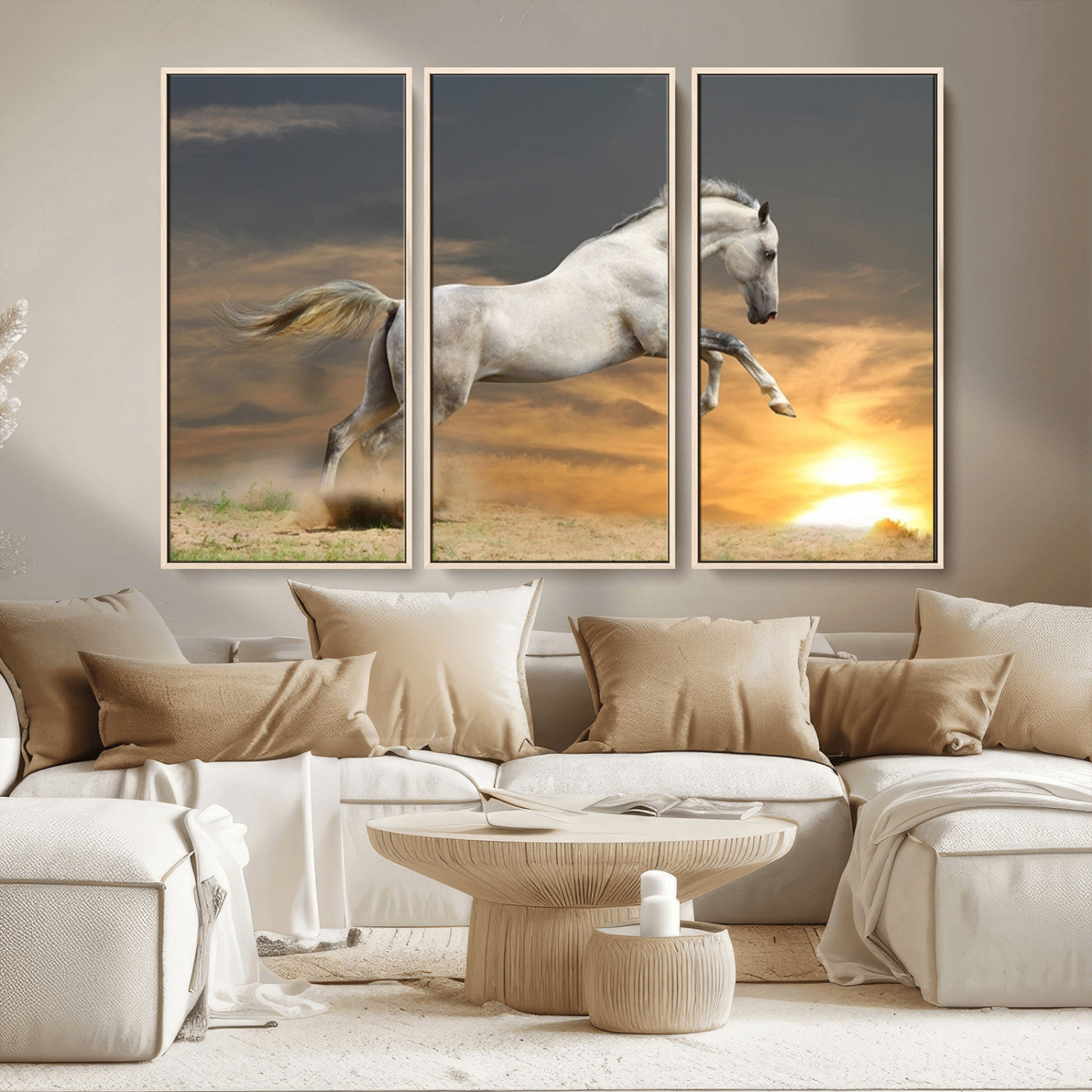 MGV-FC-48X32-3P - Large Wall Art Animal Canvas Print - White Jumping Horse at Sunset