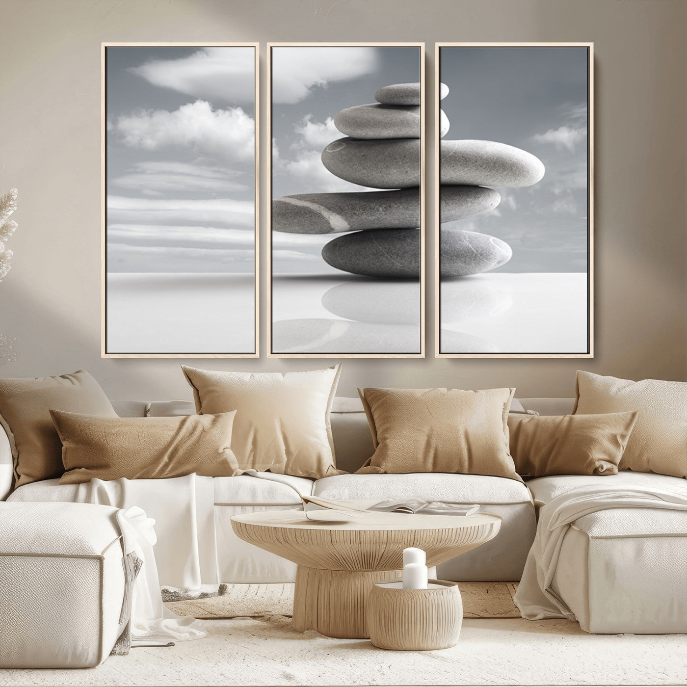 MGV-FC-48X32-3P - Still Life Black and White Zen Stones Wall Art Canvas, Framed Black and White Zen Stones Canvas