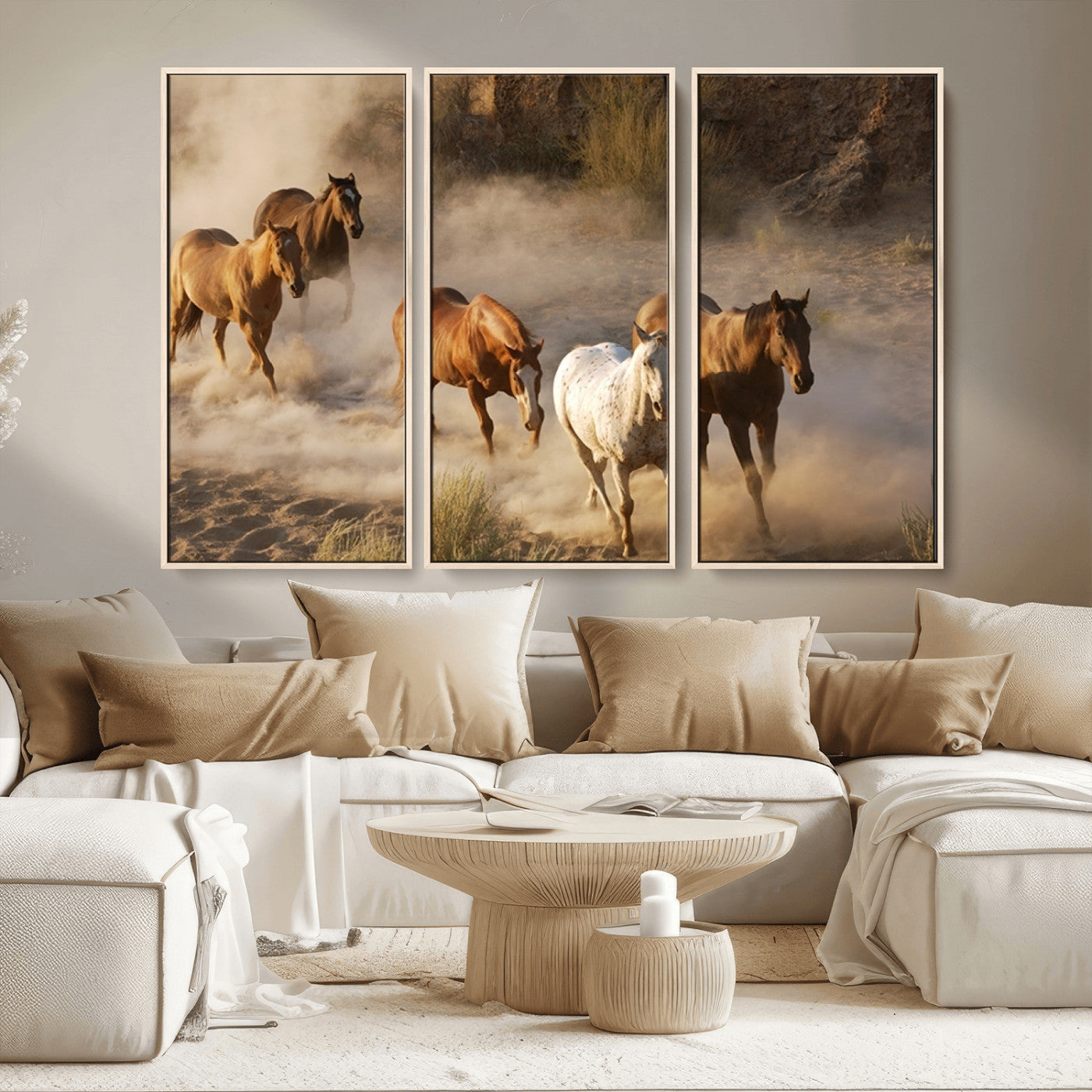 MGV-FC-48X32-3P - Large Wall Art 5 Horses Running on Sand Canvas Print