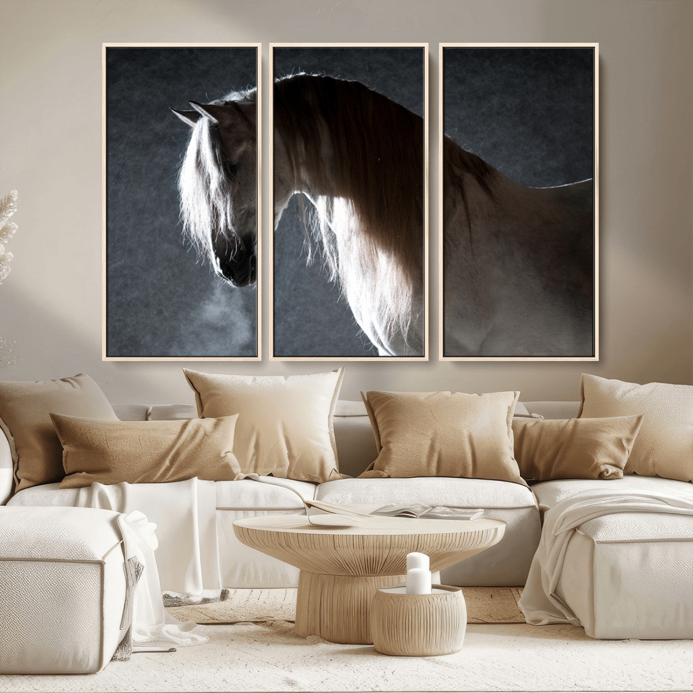 MGV-FC-48X32-3P - Large Wall Art Cream Colored Horse on Grey Background Canvas Print