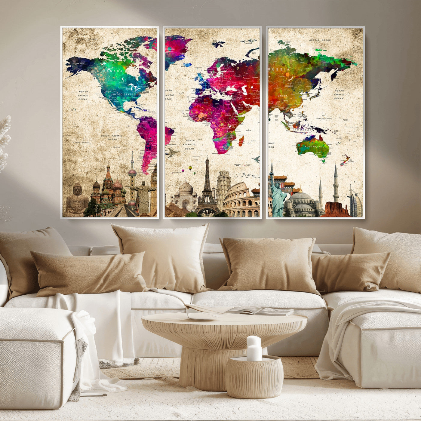 MGV-FC-48X32-3P - Push Pin World Map Canvas Print – Framed Wall Art for Couples to Track Their Travels – Anniversary