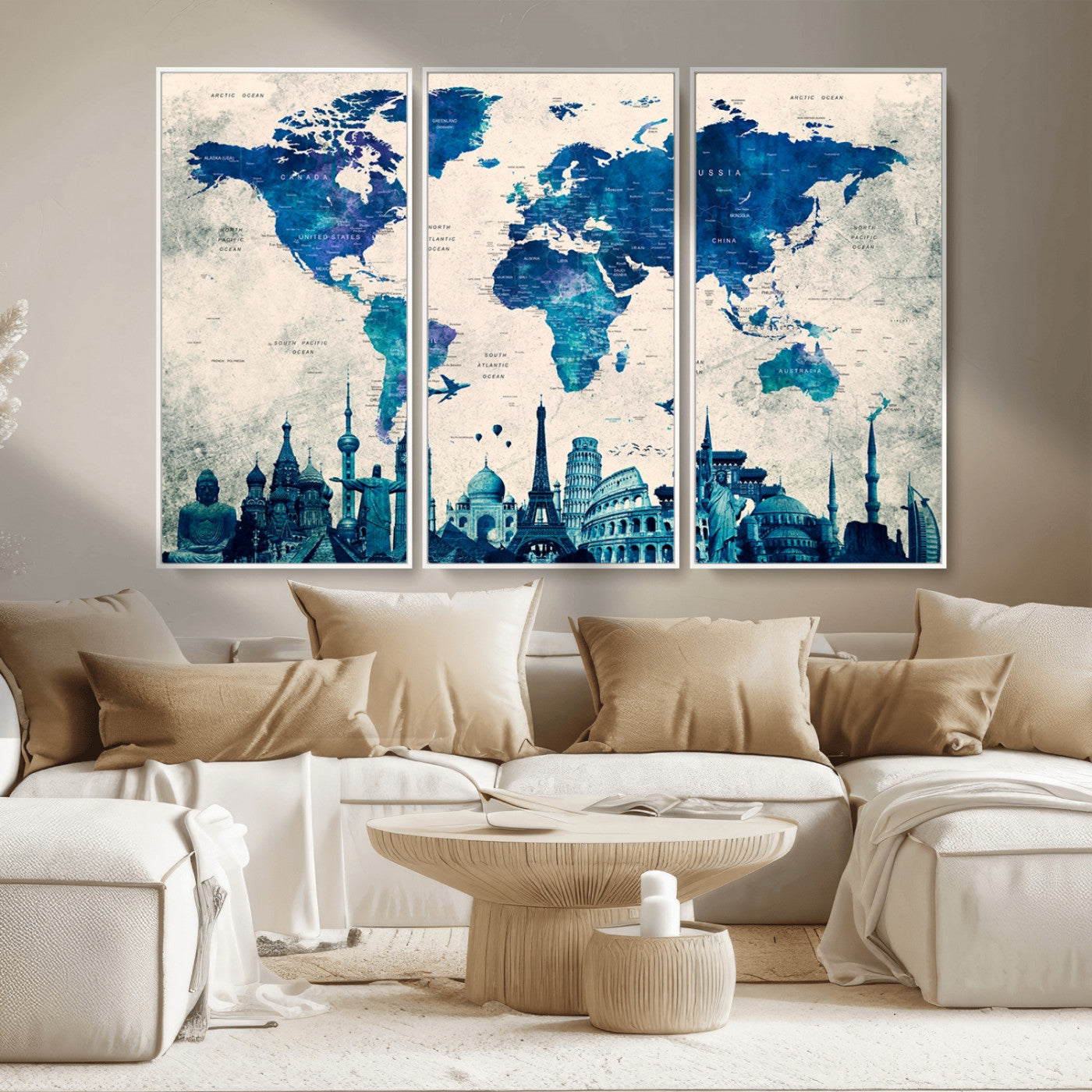 MGV-FC-48X32-3P - Navy Blue World Map Canvas Print, Wonder of World Map Push Pin Canvas Print