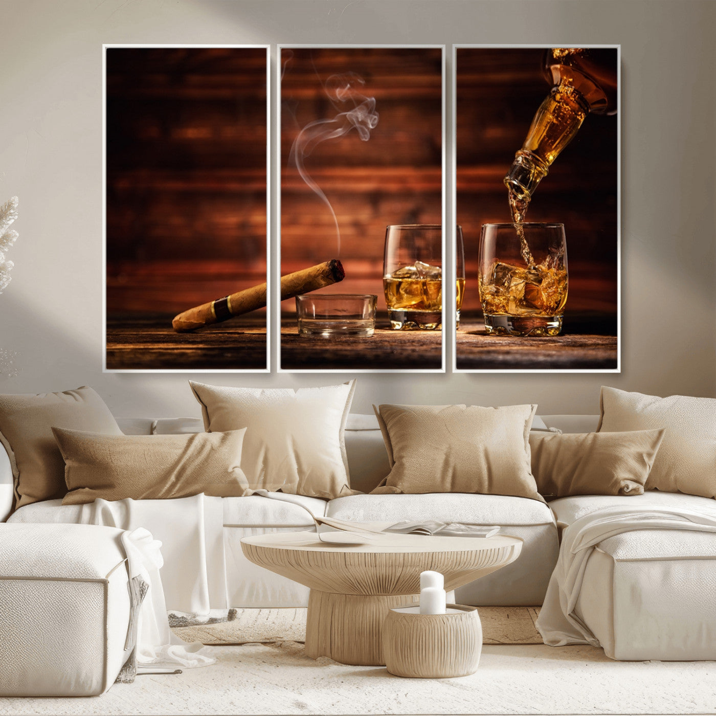 MGV-FC-48X32-3P - Whiskey and Cigar Wall Art Canvas | 3 Panel Bar Room Decor for Home Lounge, Office, or Man Cave |