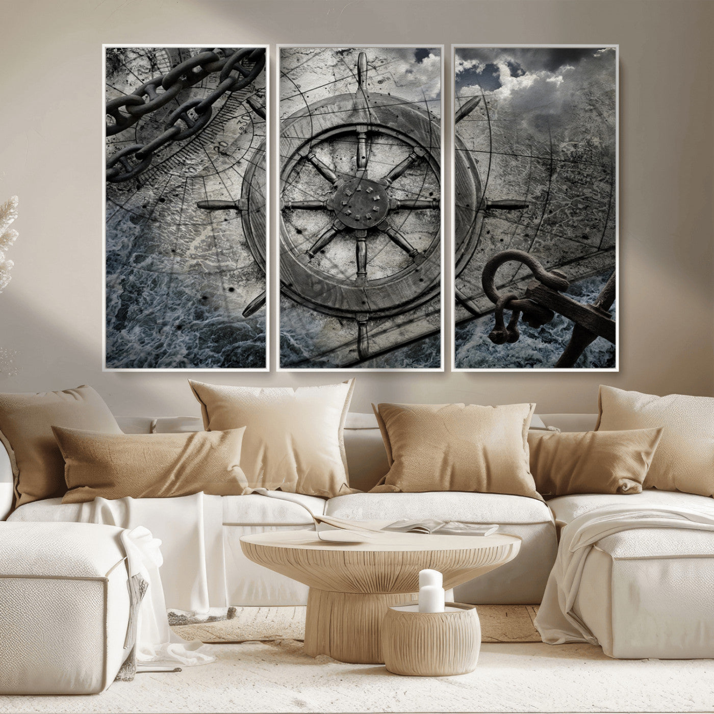 MGV-FC-48X32-3P - Ship Steering Wheel Vintage Wall Art Canvas Print