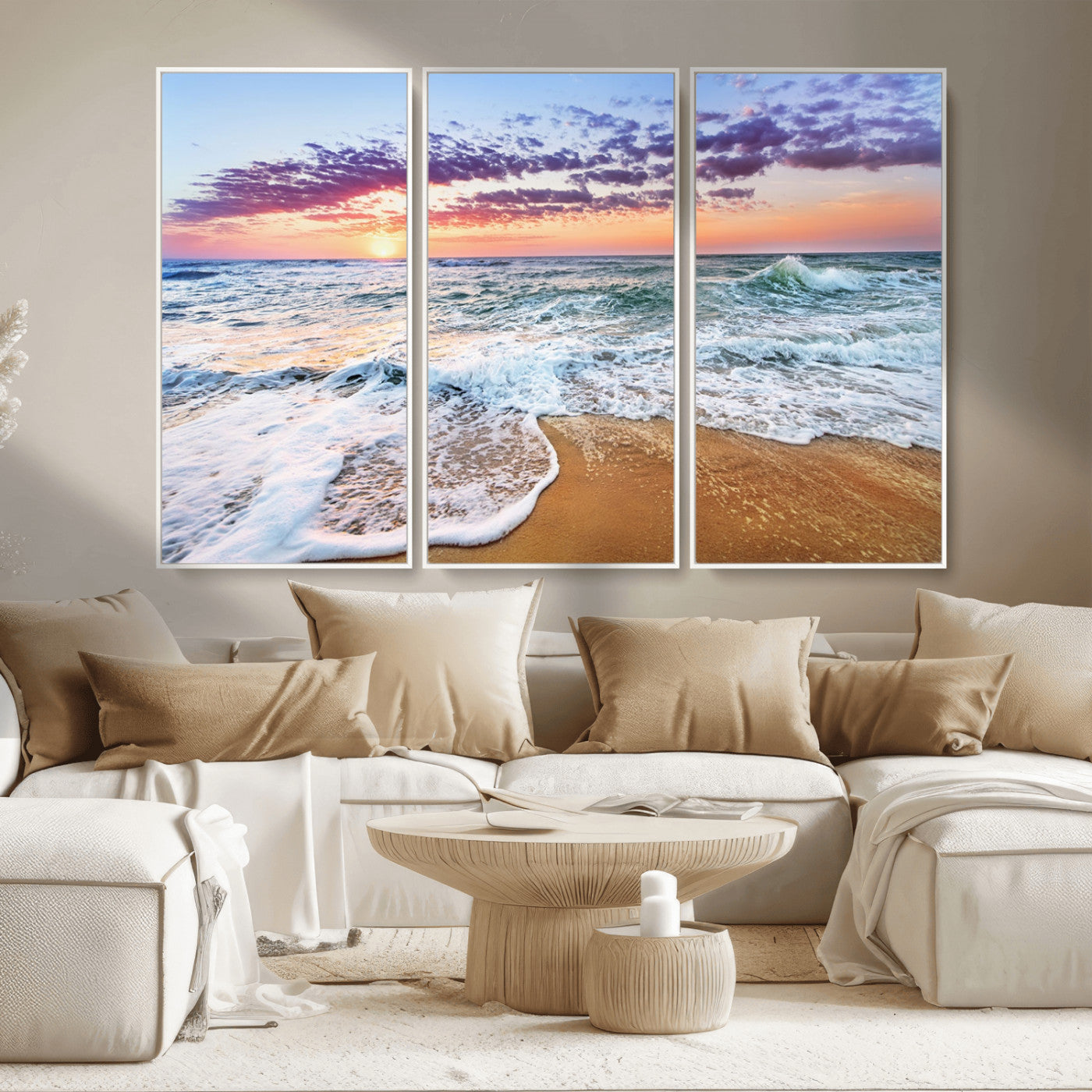 MGV-FC-48X32-3P - Coastal Sunset Art Beach Canvas Wall Art Print | Ocean Waves Wall Art | Large 3-Panel Seascape for