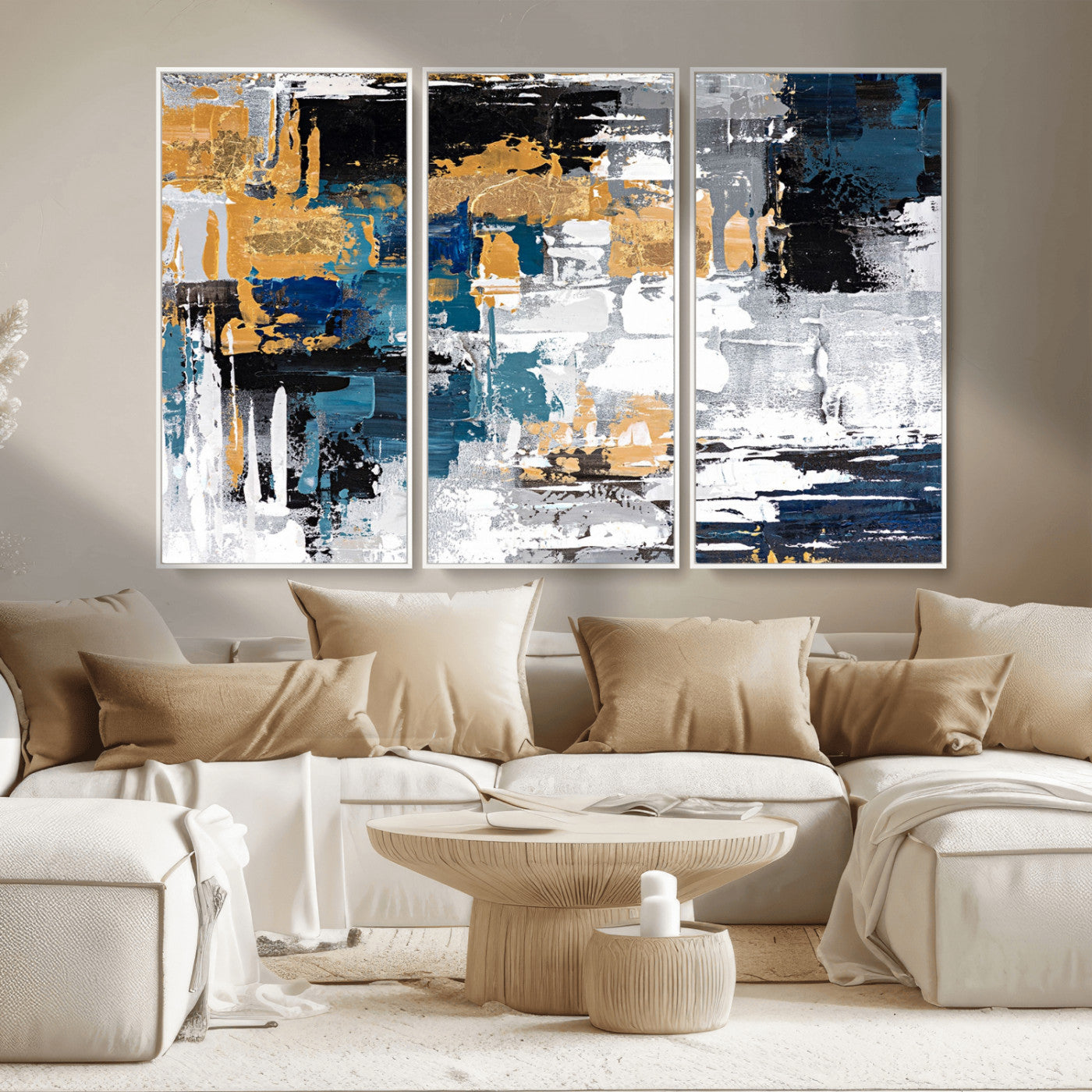 57708-MGV-CV-36X24-Blue and Gold Abstract Canvas Wall Art – Triptych Modern Painting for Living Room – Framed and Ready to Hang