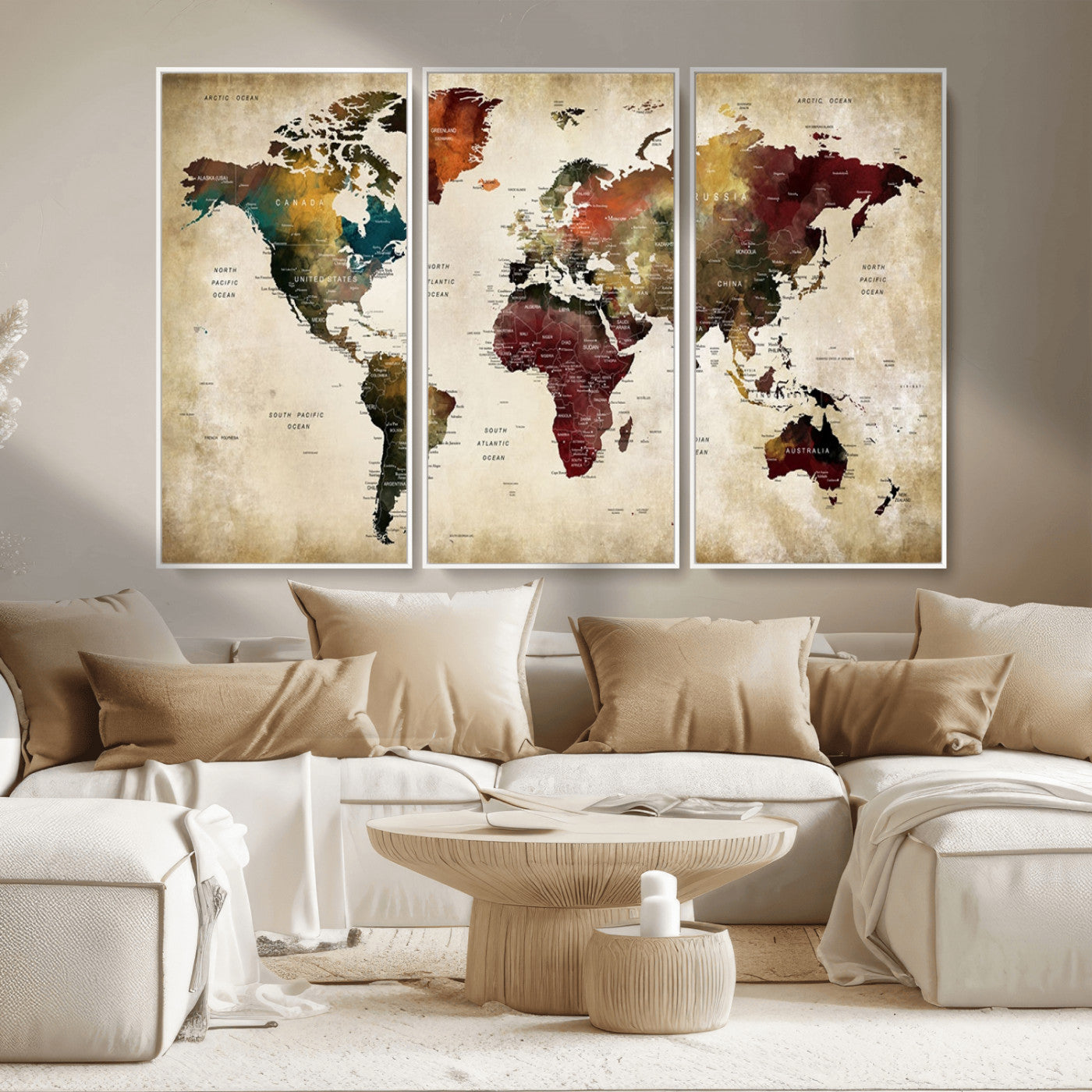 MGV-FC-48X32-3P - Large World Map Wall Art Canvas Print, Framed Push Pin Map Art Picture Print, Abstract Traveller Map Perfect Modern Decor Artwork