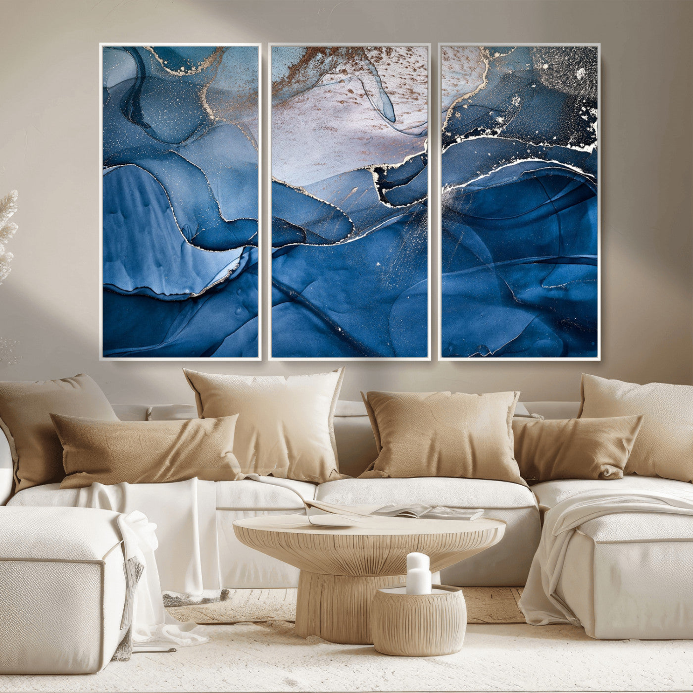 -Navy Blue Canvas Art Abstract Print – Elegant Triptych Modern Art Print – Contemporary Decor for Living Room or Office
