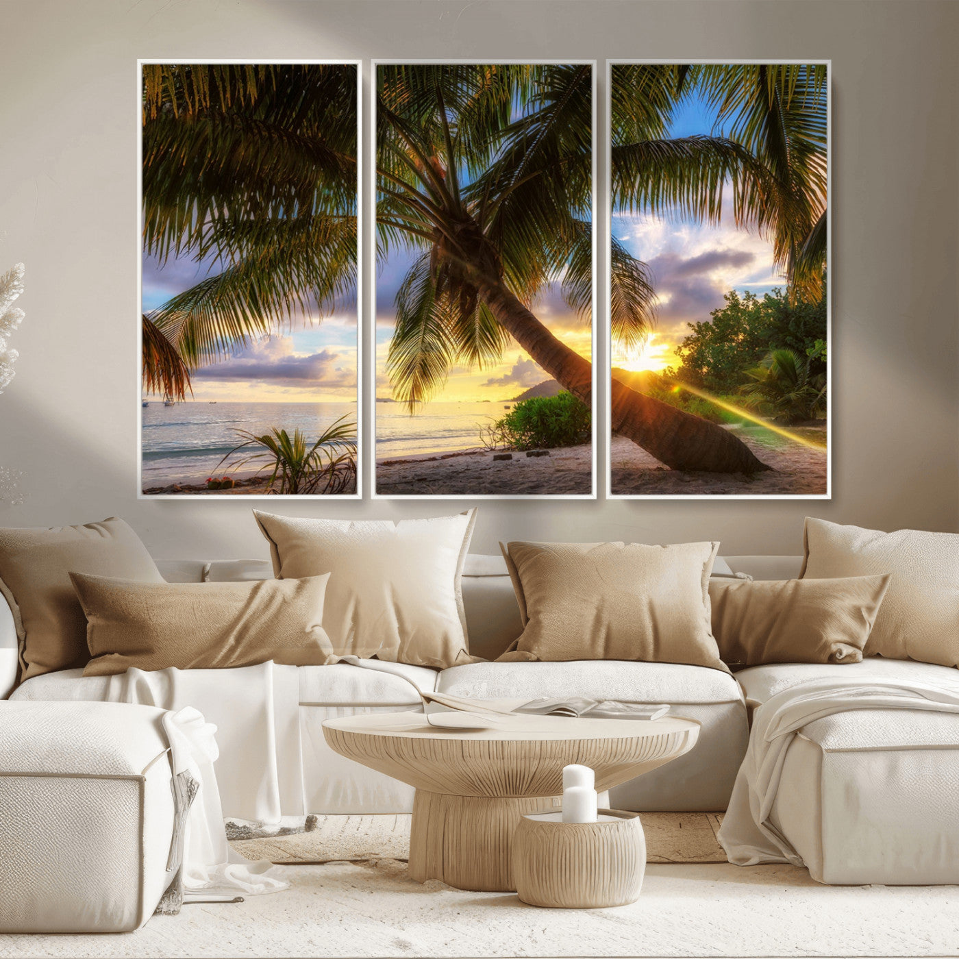 MGV-FC-48X32-3P - Tropical Island Sunset on the Beach Palms Wall Art Canvas Print