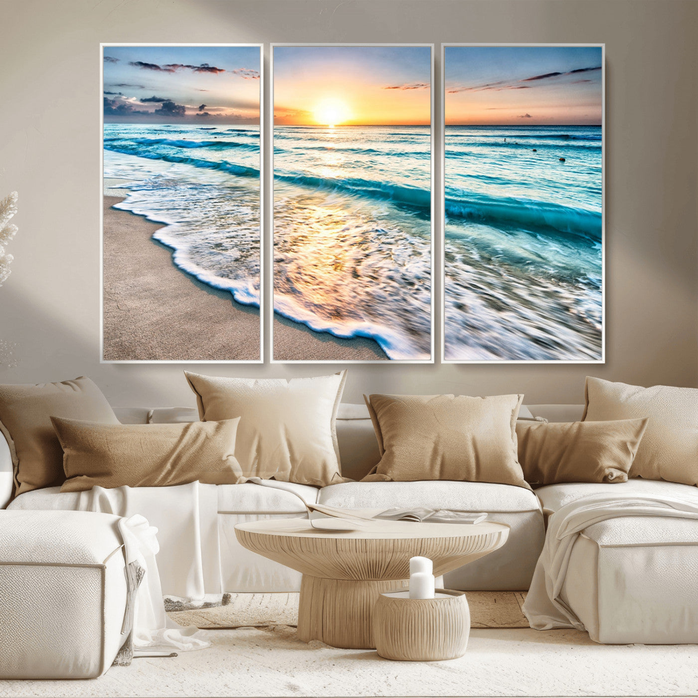 MGV-FC-48X32-3P - Sunset Beach Waves Canvas Wall Art – 5-Panel Ocean Sunset Print – Coastal Decor for Living Room or