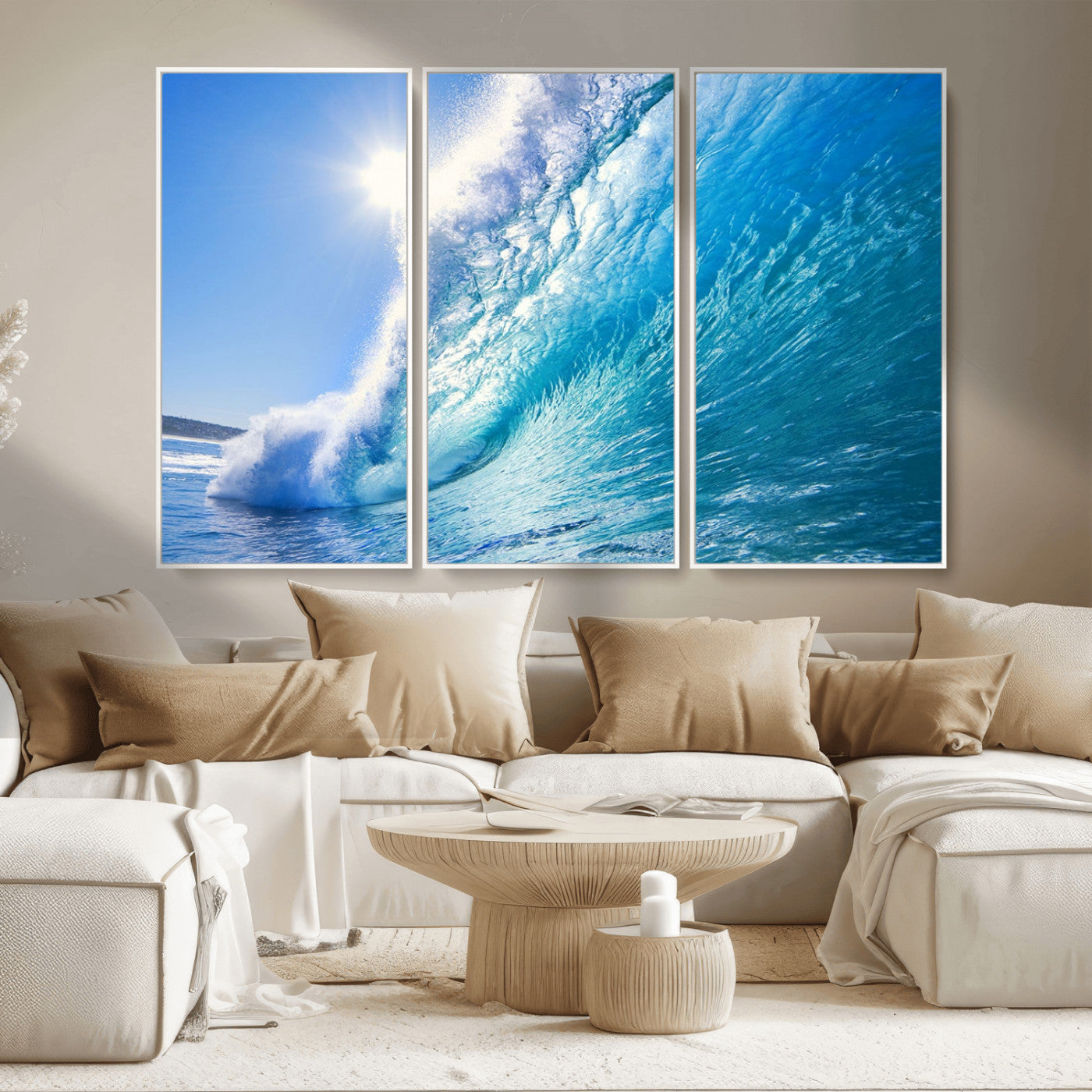 MGV-FC-48X32-3P - Blue Big Wave Surfing Ocean Canvas Wall Art Artwork Print , Surf Wall Art, Sea Wall Art