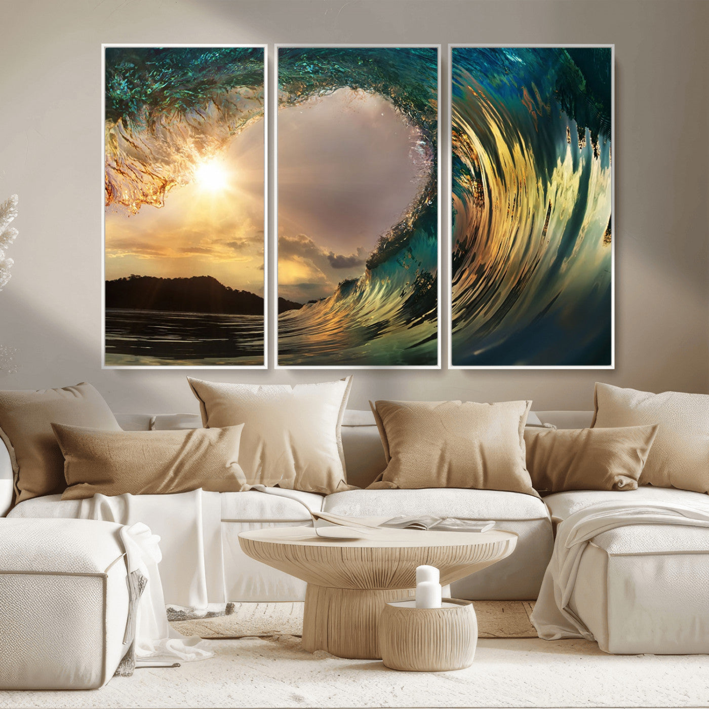 MGV-FC-48X32-3P - Golden Wave Sunset Giclee Canvas Print – Large Coastal Wall Art for Nature Lovers, Captivating Ocean Wave Decor