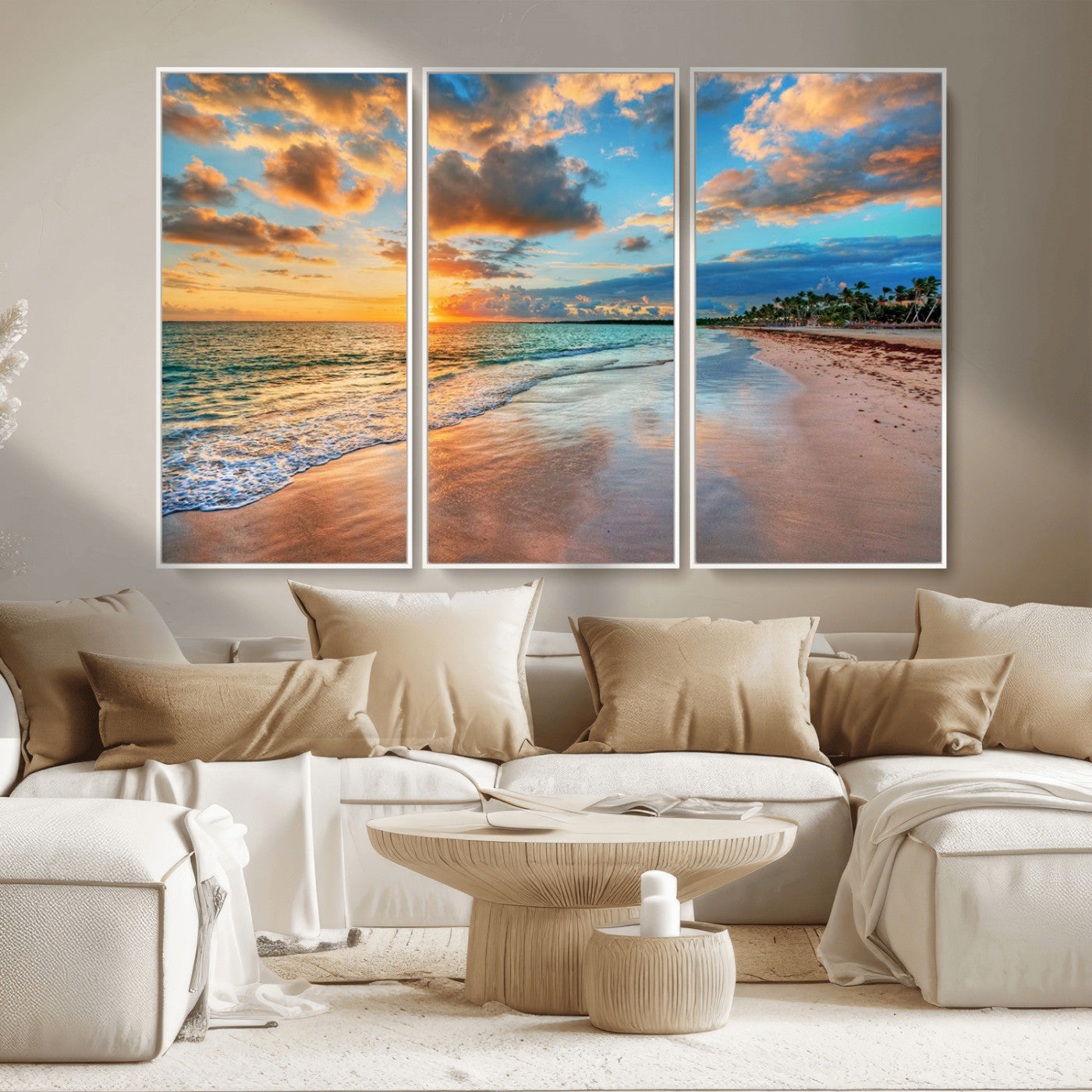 MGV-FC-48X32-3P - Sunset Ocean Waves on Tropical Beach, 3-Panel Giclee Canvas Art for Coastal Home Decor, Vibrant Palm-Lined Shore