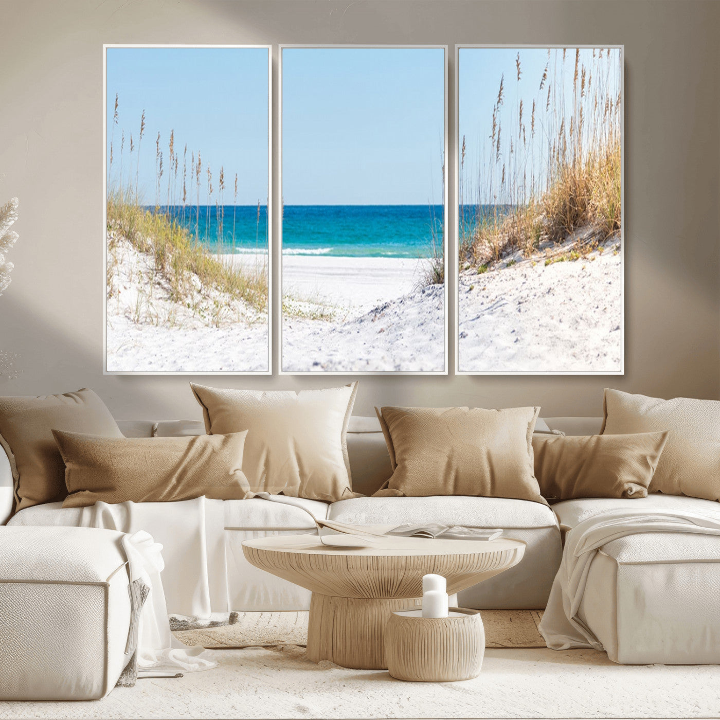 MGV-FC-48X32-3P - Serene Coastal Dune Path with Ocean View, 3-Panel Beach Canvas Wall Art, Tranquil Seascape Giclee Print, Gallery Wrap, Perfect for Coastal Home Decor