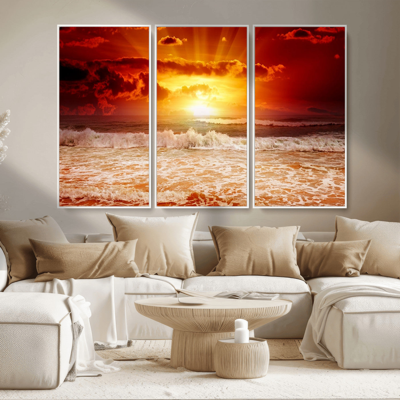 MGV-FC-48X32-3P - Red Sunset Ocean Beach Canvas Wall Art Beach Canvas, Coastal Sunset Print