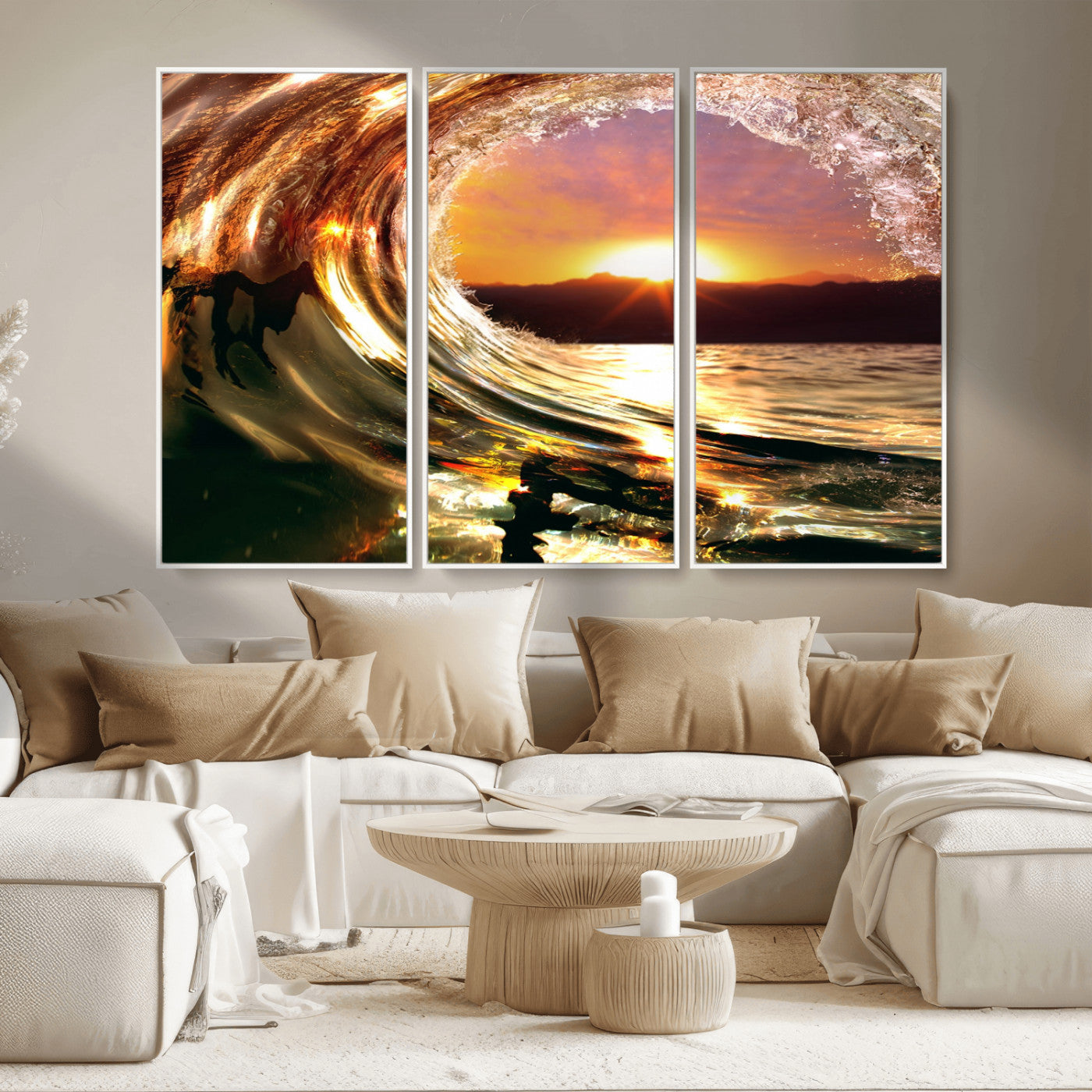 MGV-FC-48X32-3P - Golden Wave Sunset Triptych Canvas Art, Giclee Canvas Print of Ocean Wave and Sunset, Framed Ocean