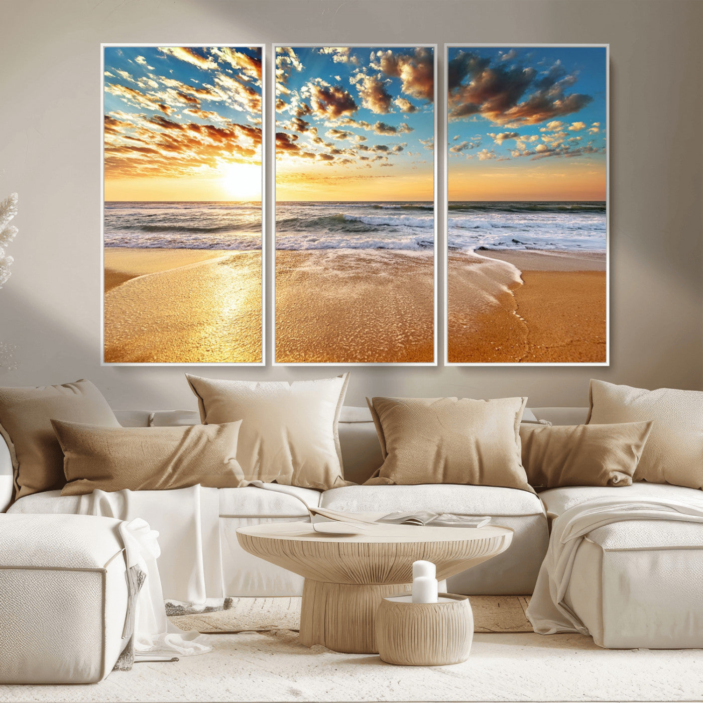 MGV-FC-48X32-3P - Golden Sunset Beach Print Canvas Wall Art, Giclee Canvas Print with Canon Print Quality, Triptych