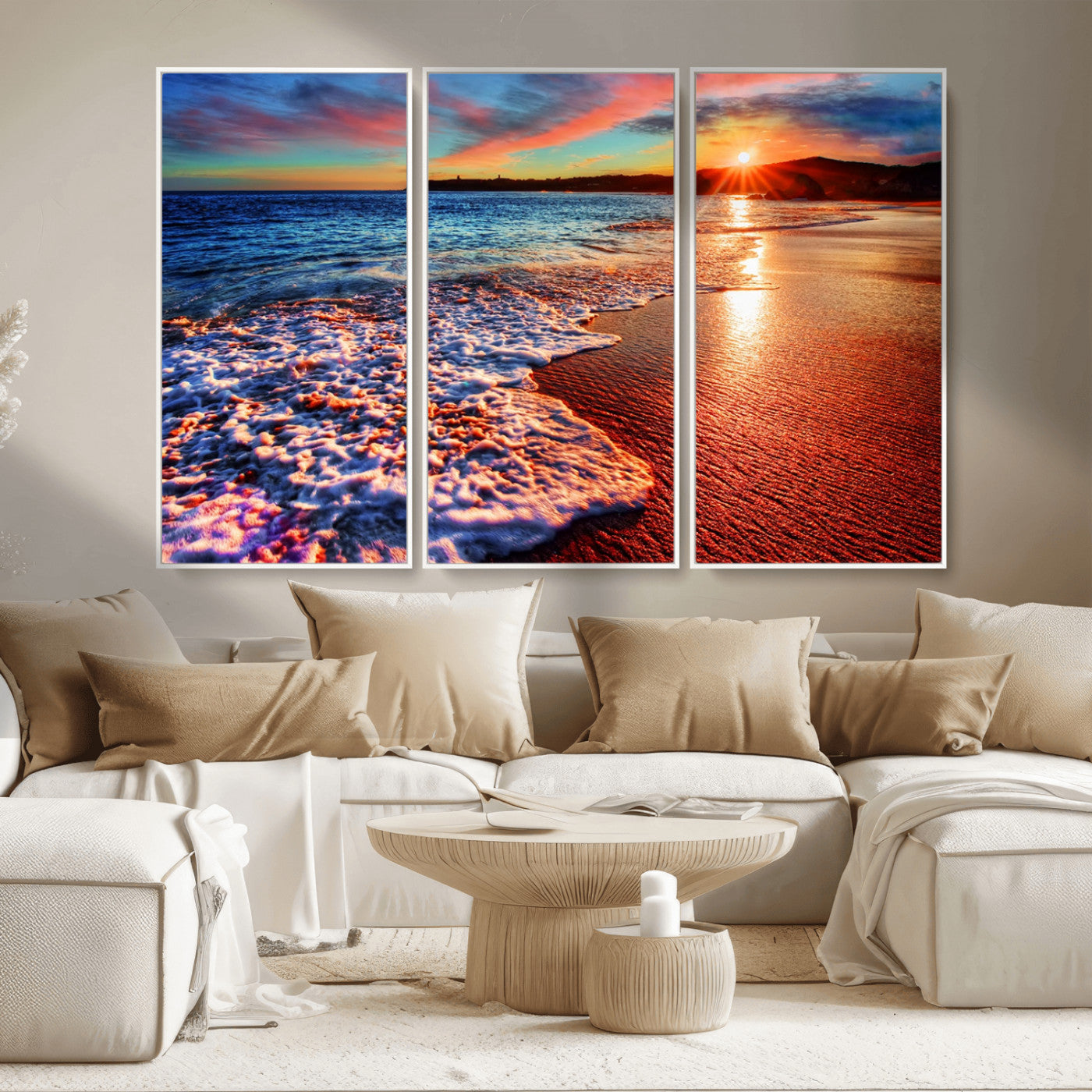 MGV-FC-48X32-3P - Colorful Coastal Sunset on the Beach Canvas Print, Ocean Waves Crashing at Dusk, Multi-Panel Seascape Vibrant Coastal Wall Art Canvas Print