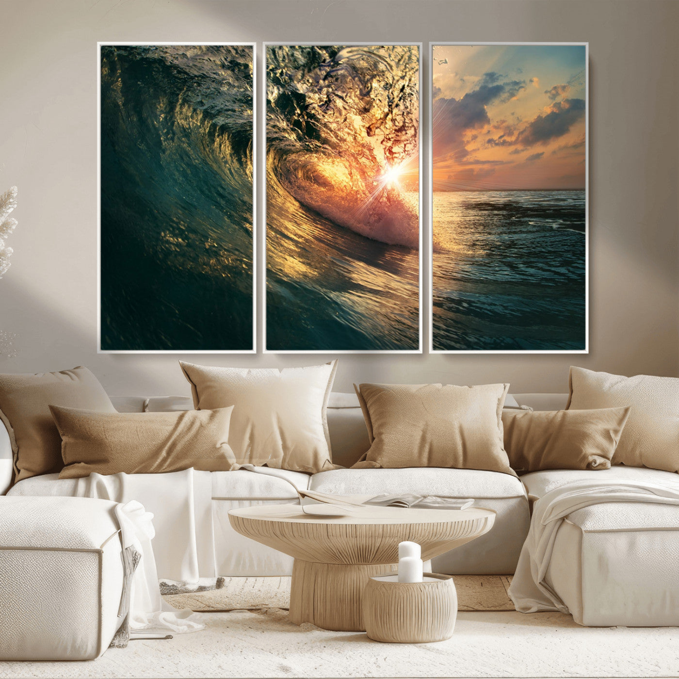 MGV-FC-48X32-3P - Ocean Wave Sunset Canvas Wall Art – Triptych Seascape Print – Framed and Ready to Hang for Living Room or Office