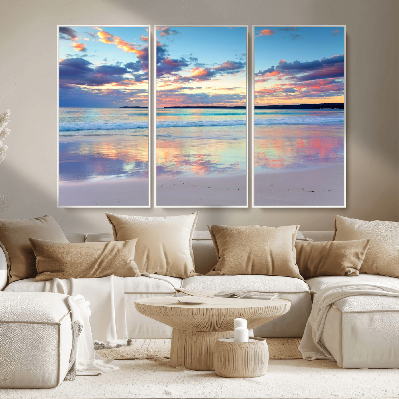MGV-FC-48X32-3P - Tranquil Pastel Sunset Beach Triptych Canvas Art, Soothing Coastal Ocean Shoreline Giclee Print, Beach Reflections Wall Decor for Serene Spaces