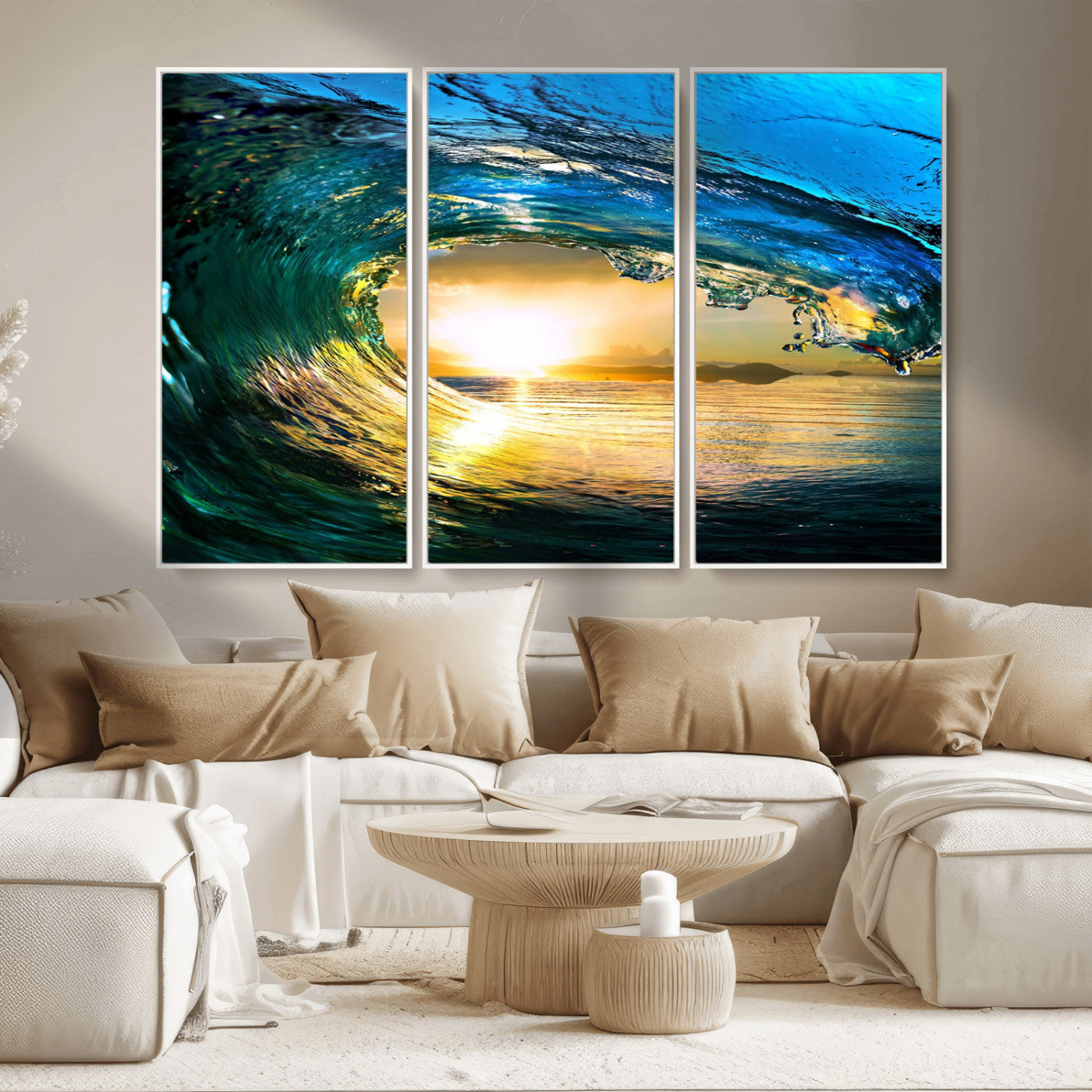 MGV-FC-48X32-3P - Ocean Wave at Sunset Canvas Art, Large Wall Print of Vibrant Water Waves, Coastal Art for Living Room and Dining Room