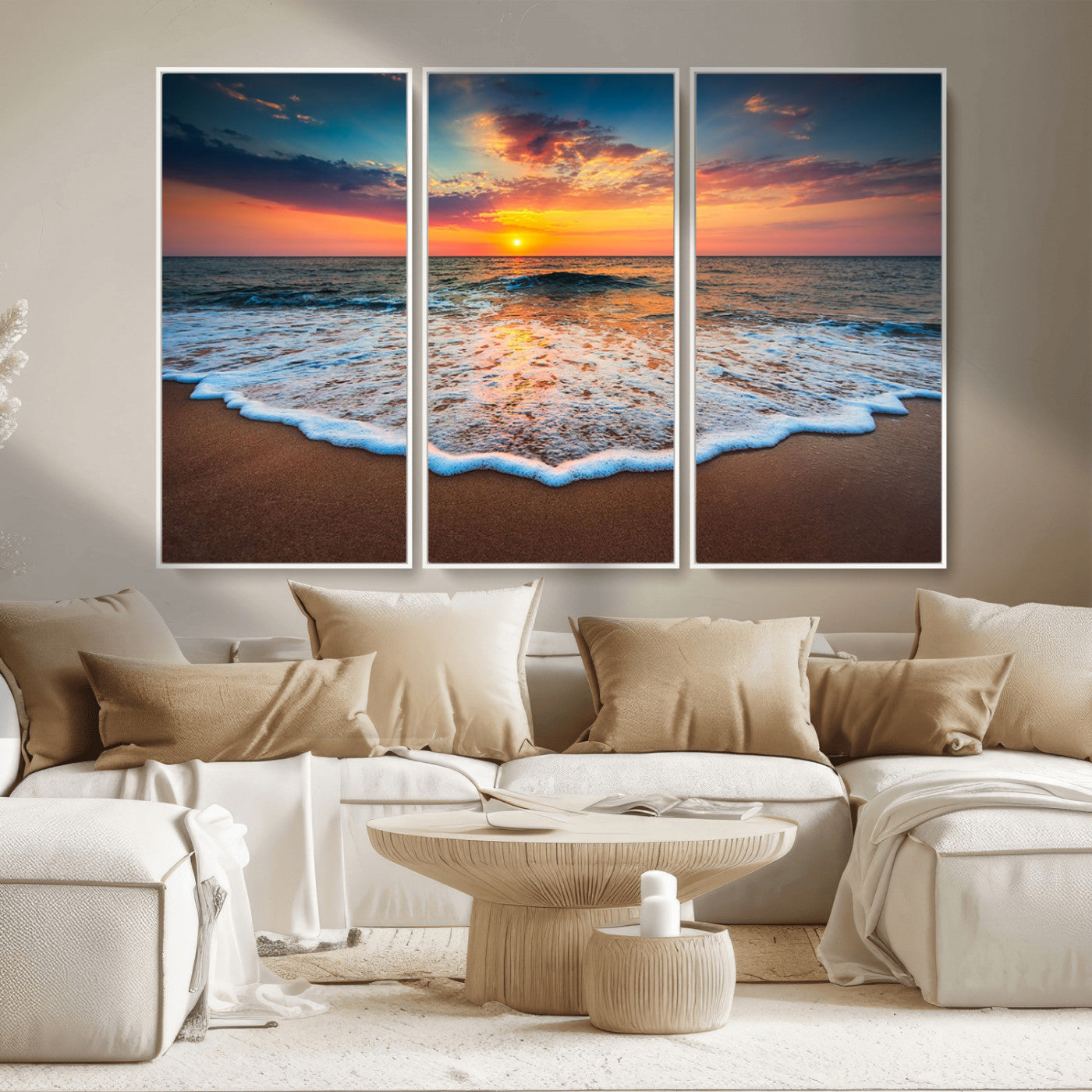 MGV-FC-48X32-3P - Sunset Beach Canvas Wall Art – Colorful Ocean Waves Triptych – Coastal Decor for Living Room or Bedroom – Framed and Ready to Hang