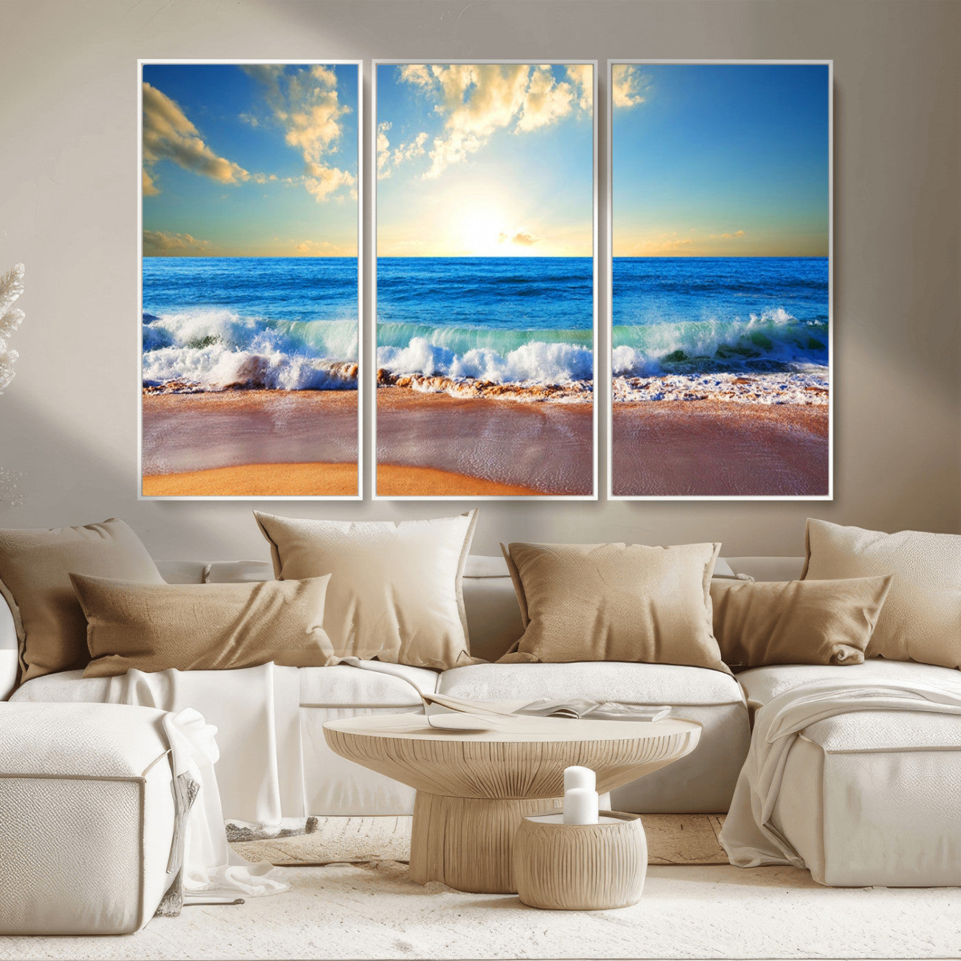 MGV-FC-48X32-3P - Tropical Beach Sunset Canvas Art, Ocean Waves and Sandy Shoreline Wall Art, Large Beach Decor for Coastal Homes