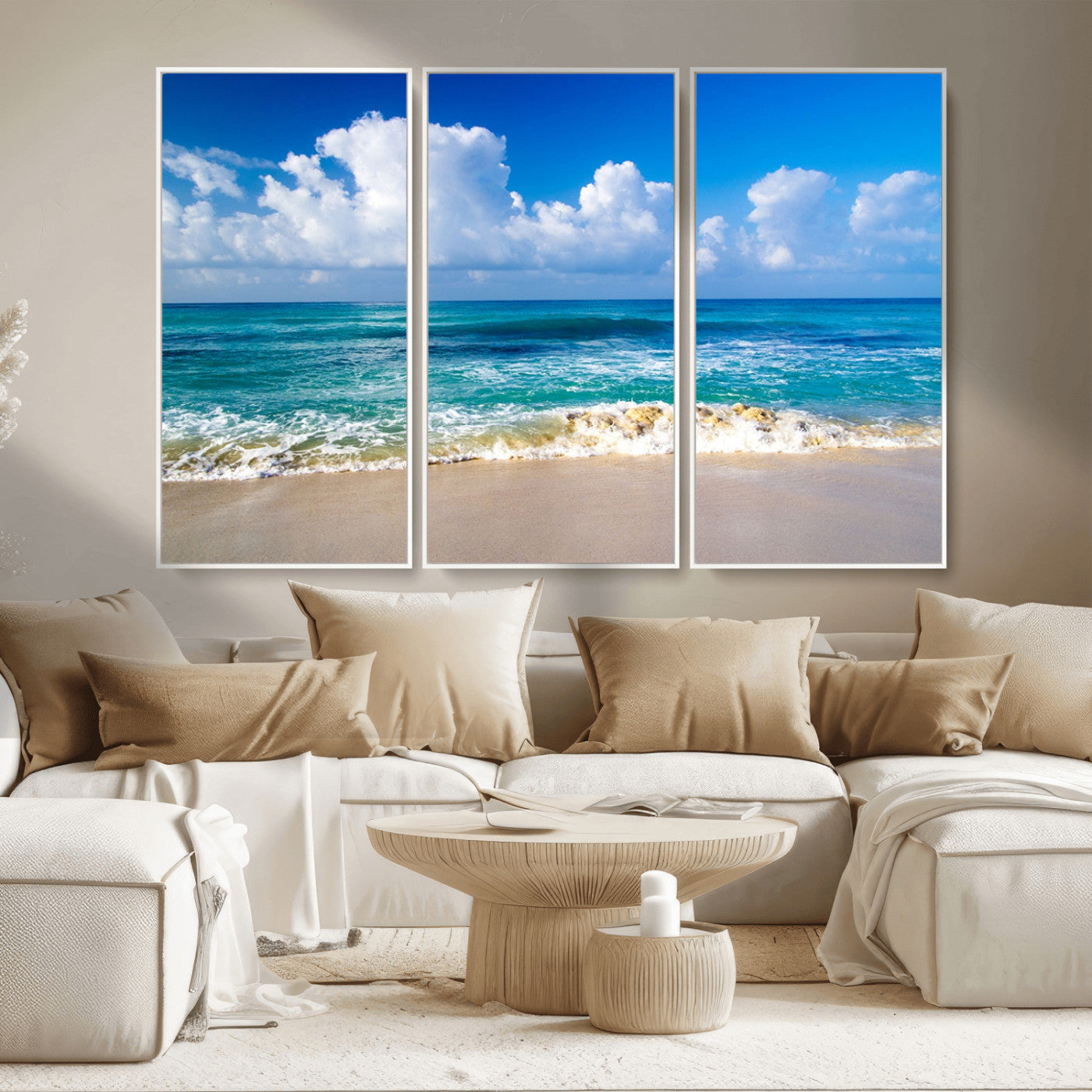 MGV-FC-48X32-3P - Tropical Beach 3-Panel Canvas Wall Art – Serene Ocean Waves and Blue Sky – Giclée Print for Living Room, Office, or Bedroom Coastal Decor