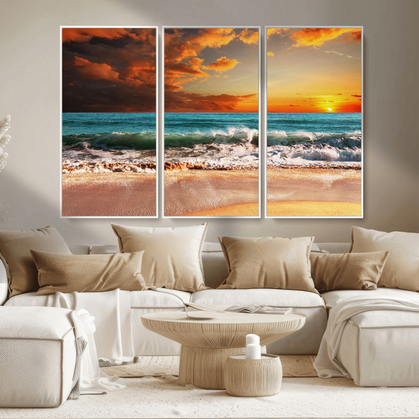 MGV-FC-48X32-3P - Golden Sunset Beach Canvas Wall Art – Triptych Seascape Print – Framed and Ready to Hang for Living Room or Office