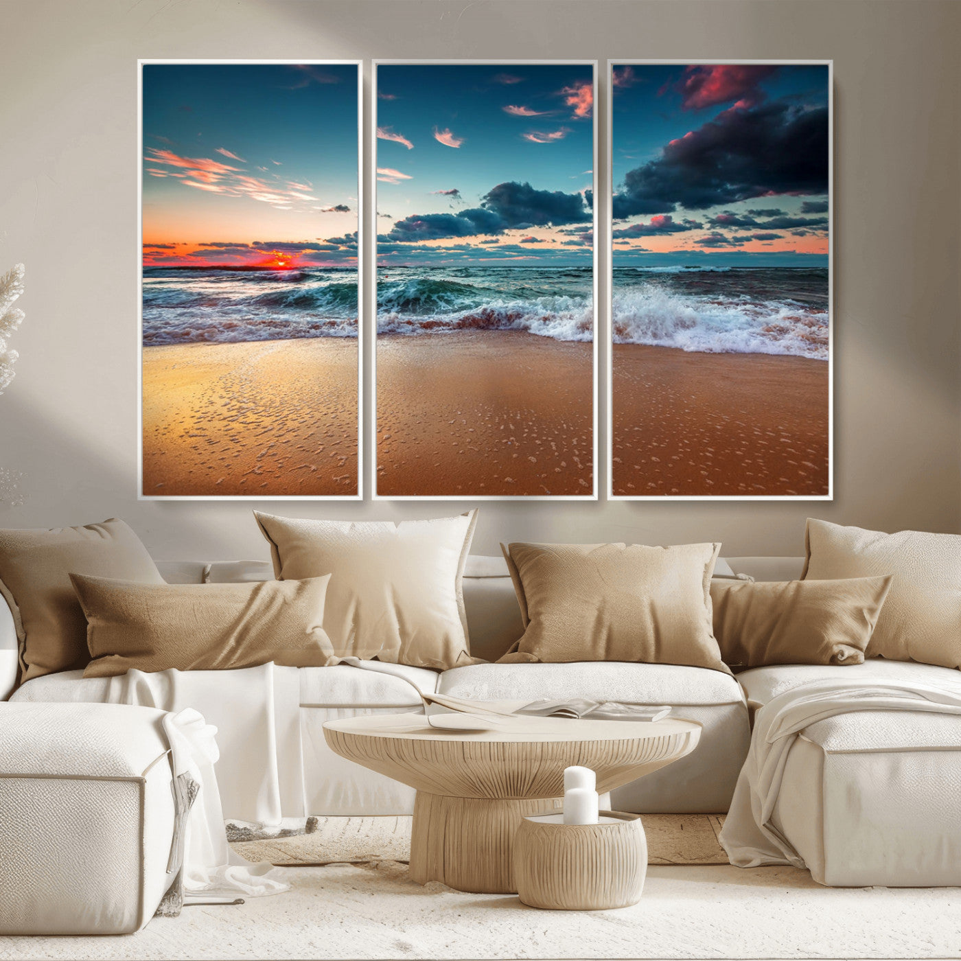 MGV-FC-48X32-3P - Sunset on Beach Wall Art Ocean Beach Canvas Print