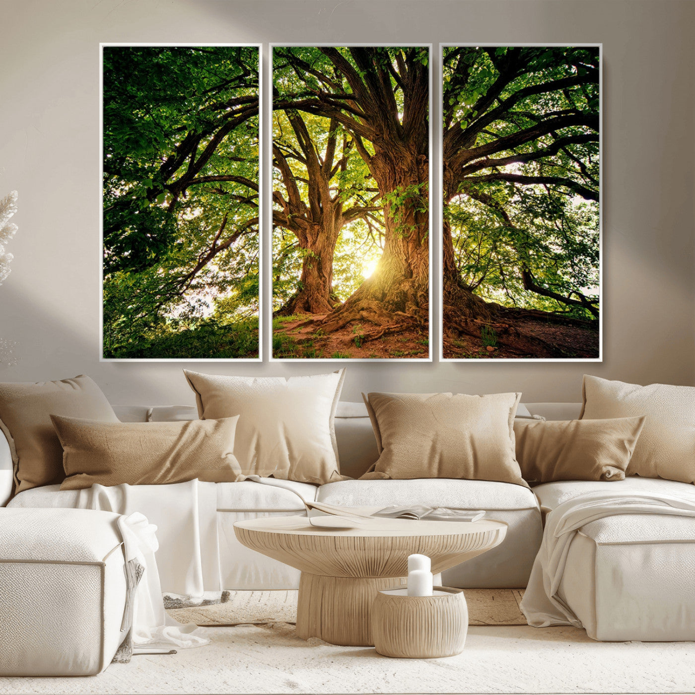 MGV-FC-48X32-3P - Majestic Ancient Tree Wall Art, Nature-Inspired Canvas Print, Woodland Art, Tree of Life Artwork, Sunlit Forest, Giclee Nature Print