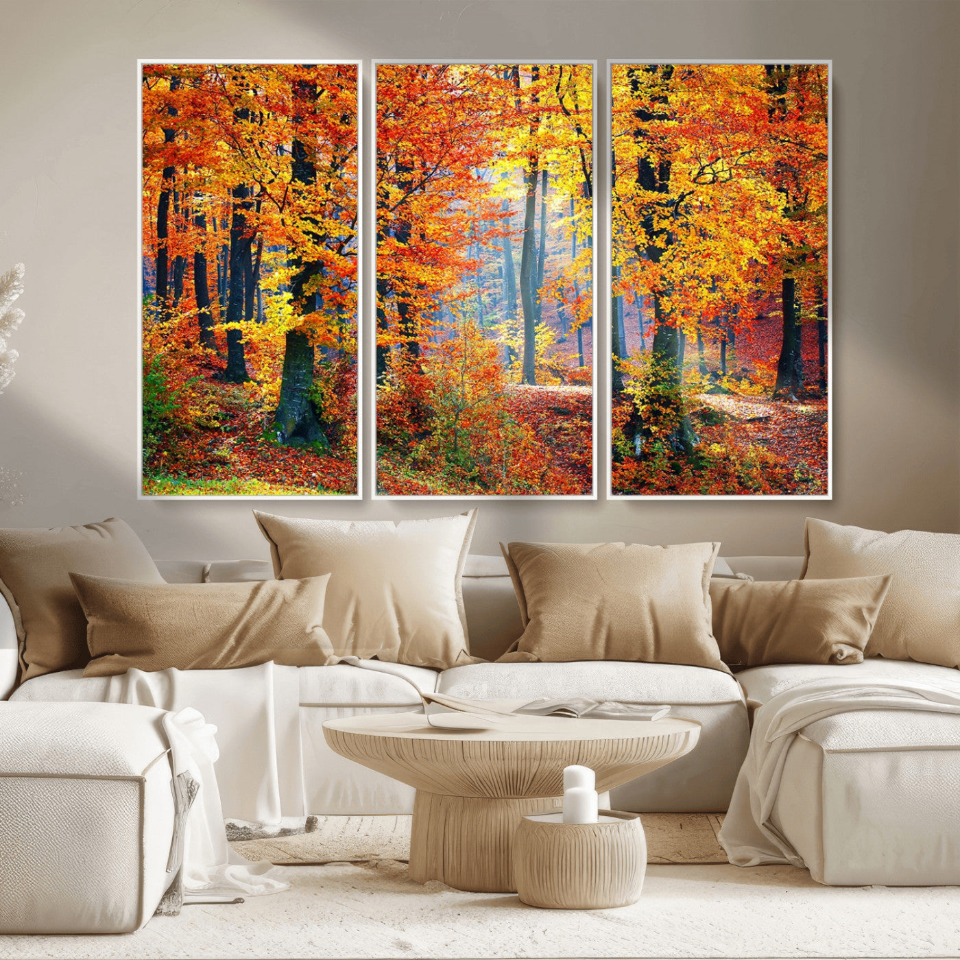 MGV-FC-48X32-3P - Autumn Red Forest Triptych Canvas Wall Art Print, Forest Wall Decor, Fall Landscape Art | Season Nature Landscape for Home or Office