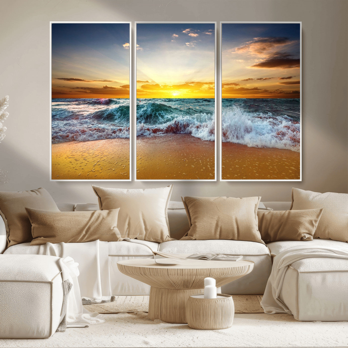 MGV-FC-48X32-3P - Golden Sunset Ocean Waves Wall Art Canvas Print – Multi Panel Beach Canvas Print Set – Large Coastal Triptych Print for Home or Farmhouse Decor