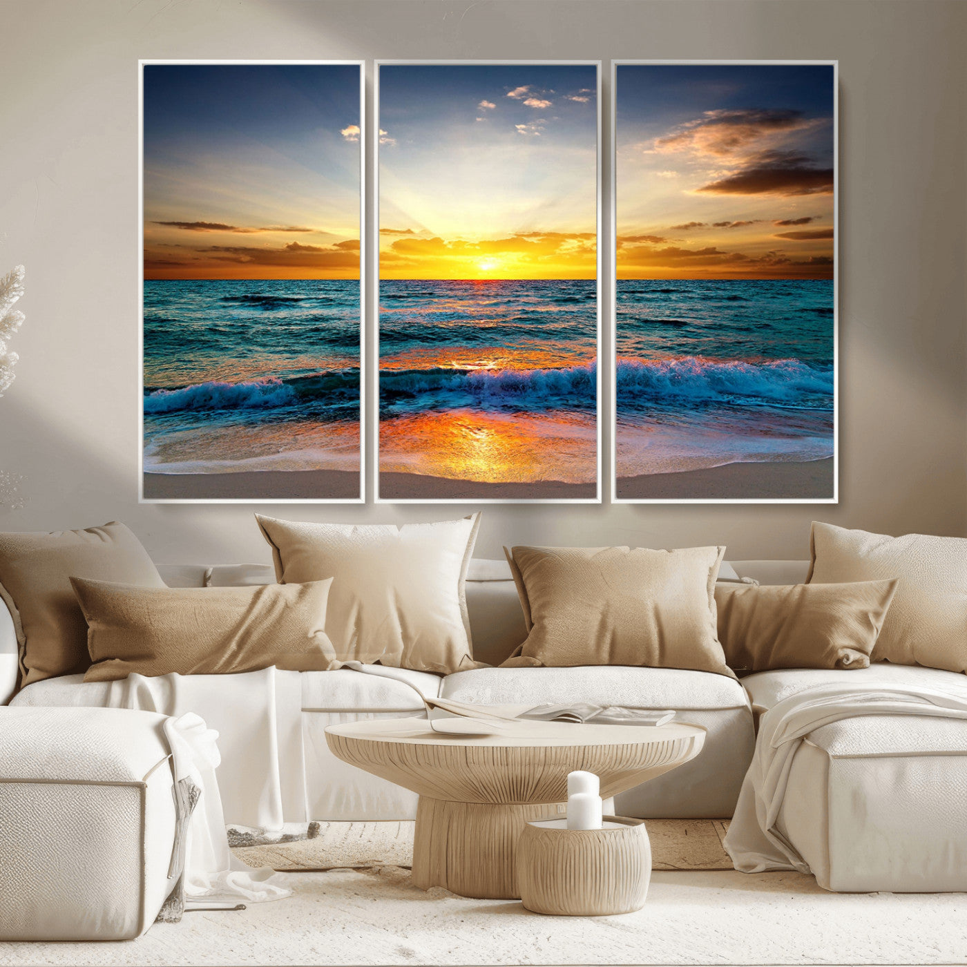 MGV-FC-48X32-3P - Vibrant Ocean Sunrise Over Golden Beach Waves, Giclee Canvas Wall Art Set, High-Quality Stretched Canvas Print, Ready to Hang Coastal Sunset Wall