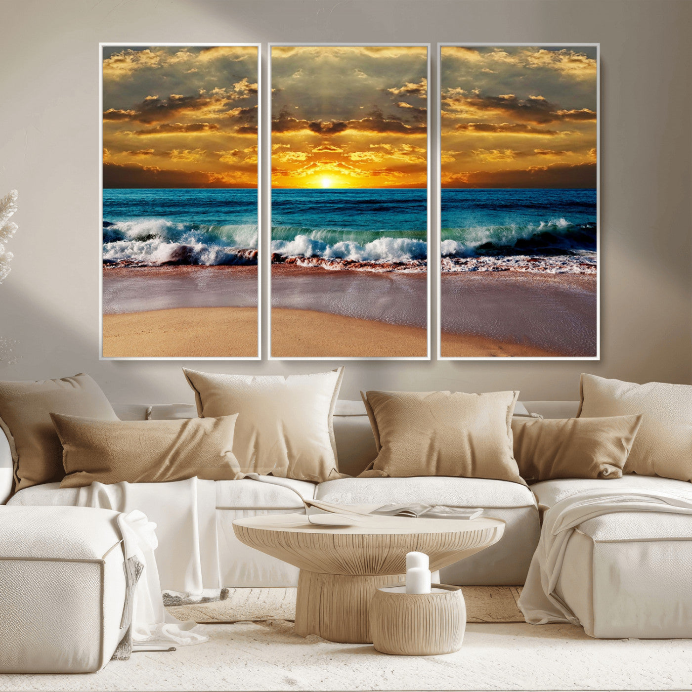 MGV-FC-48X32-3P - Ocean Sunrise Over Golden Beach Waves, Giclee Canvas Wall Art Set, High-Quality Stretched Canvas Print, Ready to Hang Coastal Sunset Wall Decor